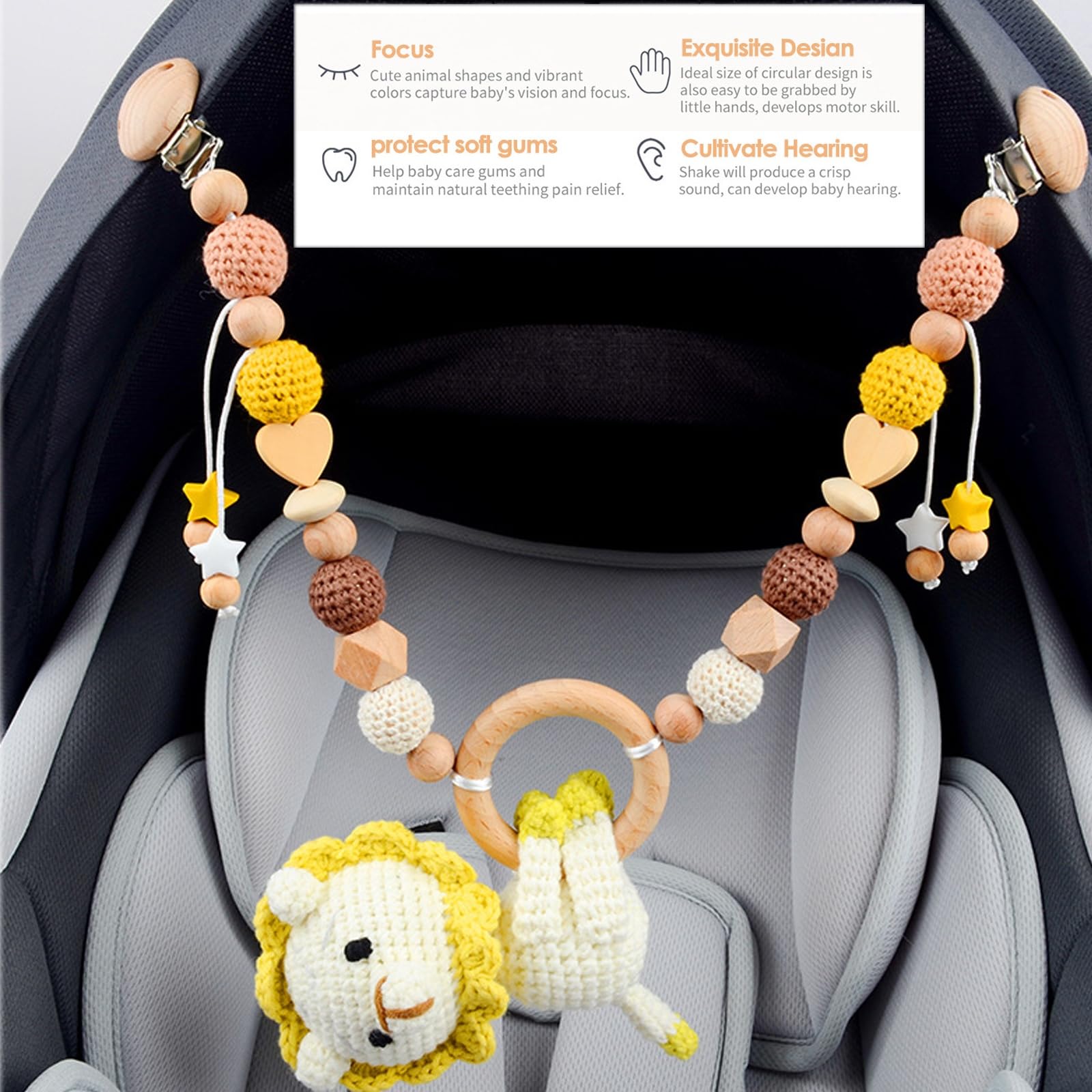 Kinderwagen Spielzeug, Kinderwagenkette Aus Holz und Baumwolle Gehäkelt, Kinderwagen Kette für Babys, Babyschale Spielzeug mit Glocke für Babys und Kleinkinder ab 0+ Monaten (C)