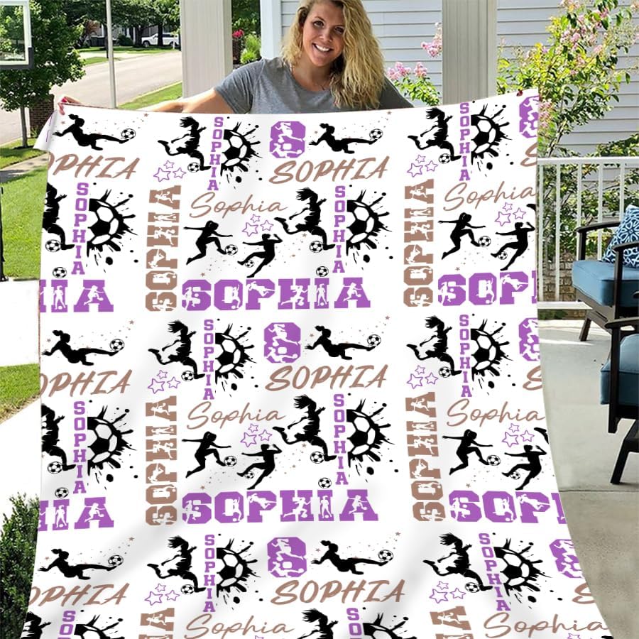 Manta de fútbol personalizada, manta de fútbol personalizada suave y acogedora manta de forro polar sherpa, manta con nombre personalizado para