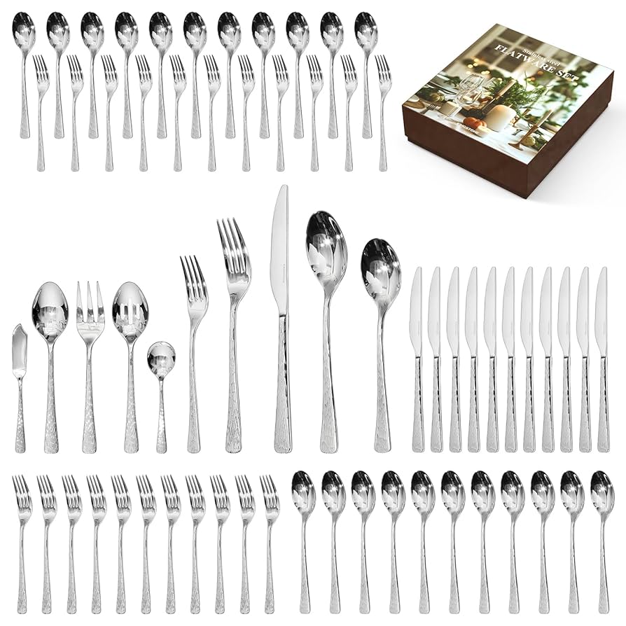KINGSTONE Hammered Silverware Set, Flatware Set with Serving Utensils, 18/10 Stainless Steel Premium Cutlery with Unique Ripple Handles Design Mirror Polished - Dishwasher Safe (65-Piece)