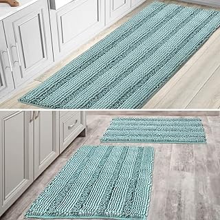 H.VERSAILTEX Item Striped Chenille Rug Pack 2-20" x 32"/17" x 24" and Pack 1-59" x 20" Bundle, Eggshell Blue
