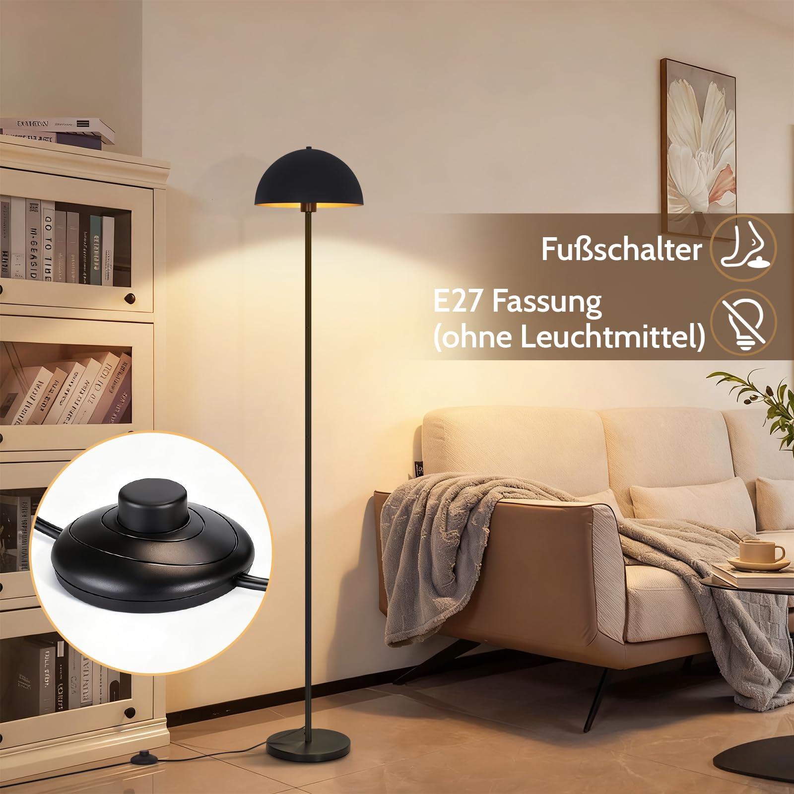 ZMH Stehlampe Bodenlampe für Wohnzimmer, Metall Stehleuchte modern 170 cm, | Lampenschirm Ø30 cm, E27 Fassung max. 40W, IP20 Innenleuchte, Schlafzimmer Leseecke, Schwarz Gold, ohne Leuchtmittel