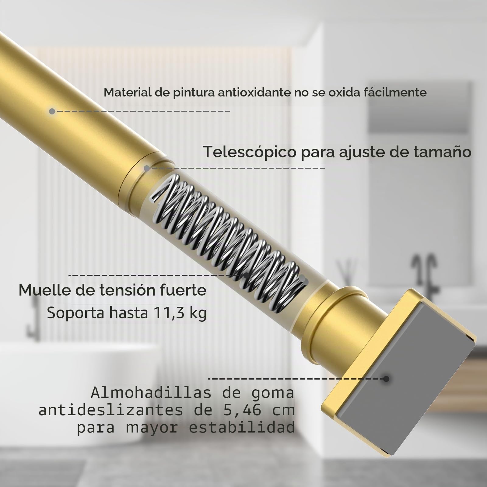UIOSANRT Barra de cortina de ducha dorada montada con tensión sin necesidad de taladrar, antideslizante, resorte ajustable, para ventanas y baño, 79-173 cm