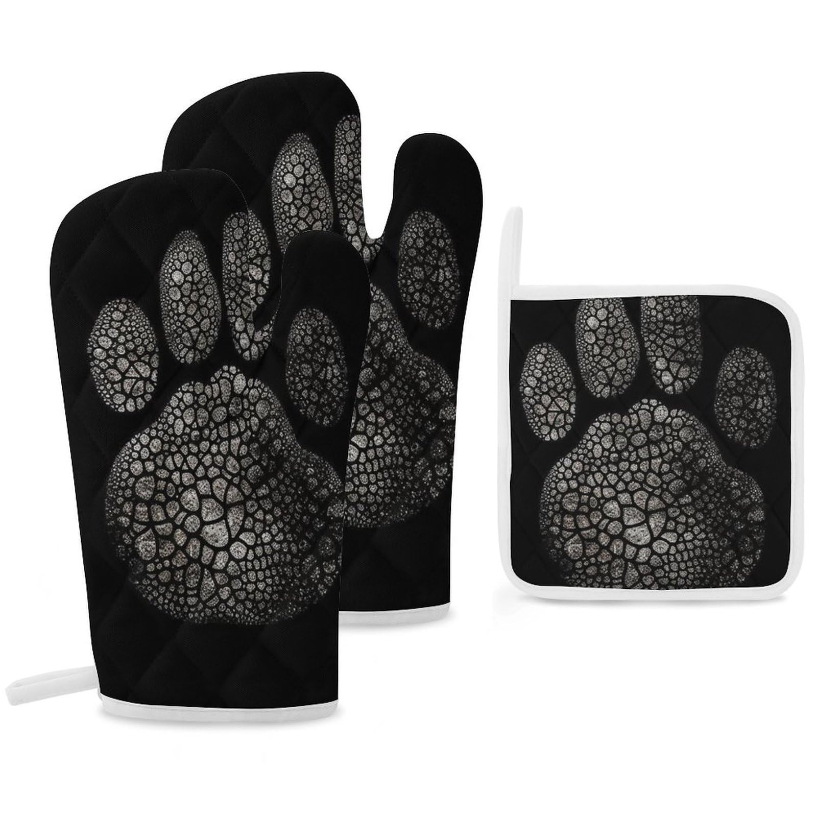 Oven Mitts And Pot Holders Sets of 3 Heat Resistant BBQ Gloves Dog Paw Prints Oven Mitts Gloves Non-Slip Kitchen Mittens Potholders for Cooking Baking Grilling BBQ Microwave