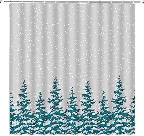 Cortina de ducha de bosque de invierno, pinos, copos de nieve, granja, Navidad, naturaleza, paisaje nevado, cortina de baño de poliéster con ganchos