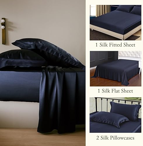Miniatura 3 de LILYSILK Juego de 4 sábanas de seda Oxford, sábanas planas, sábanas ajustables, 19 Momme seda pura (azul marino, matrimonial)