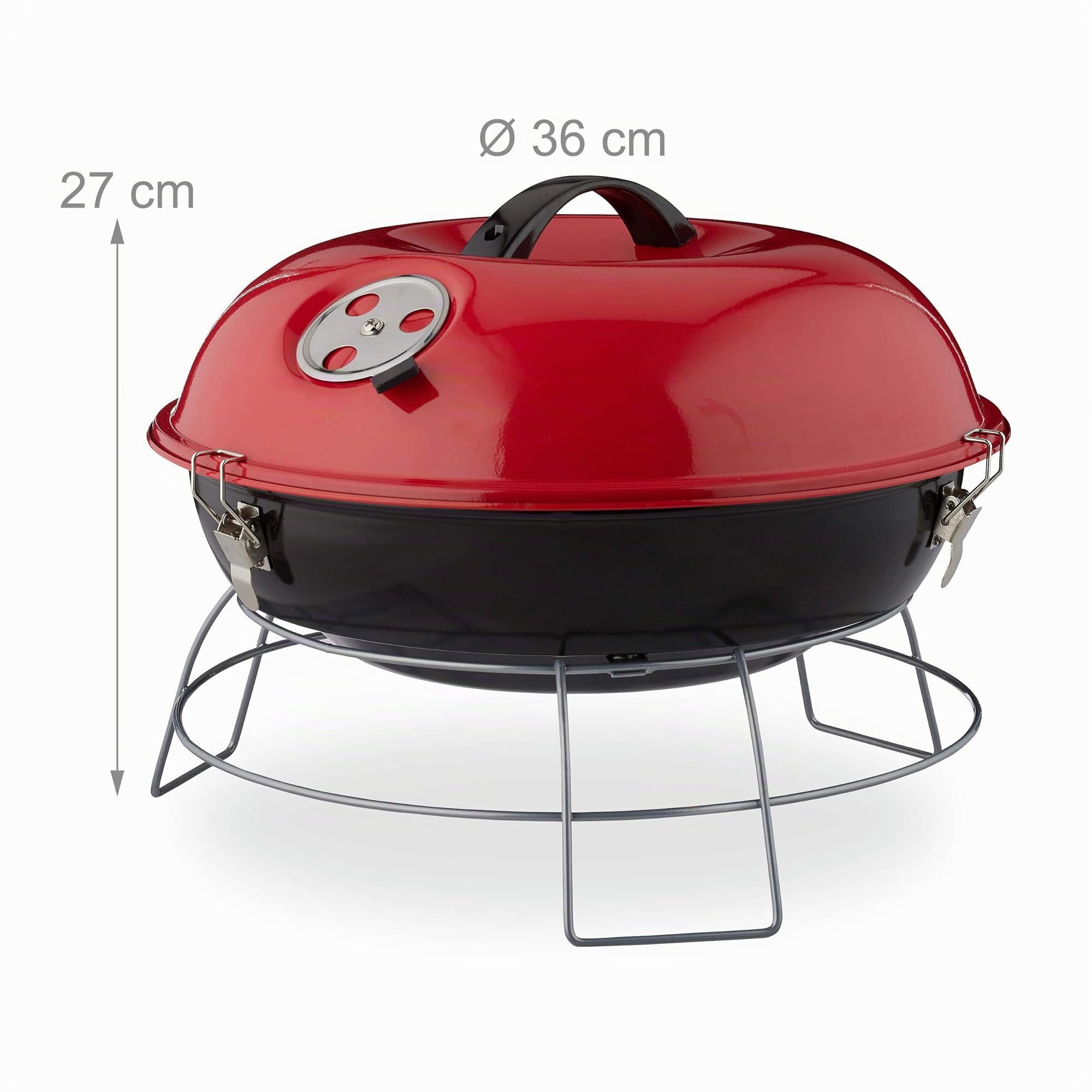 Relaxdays Rouge Barbecue Rond, Portable, Couvercle, Pique Nique, Grosse Surface de Cuisson,Charbon de Bois d.36 cm