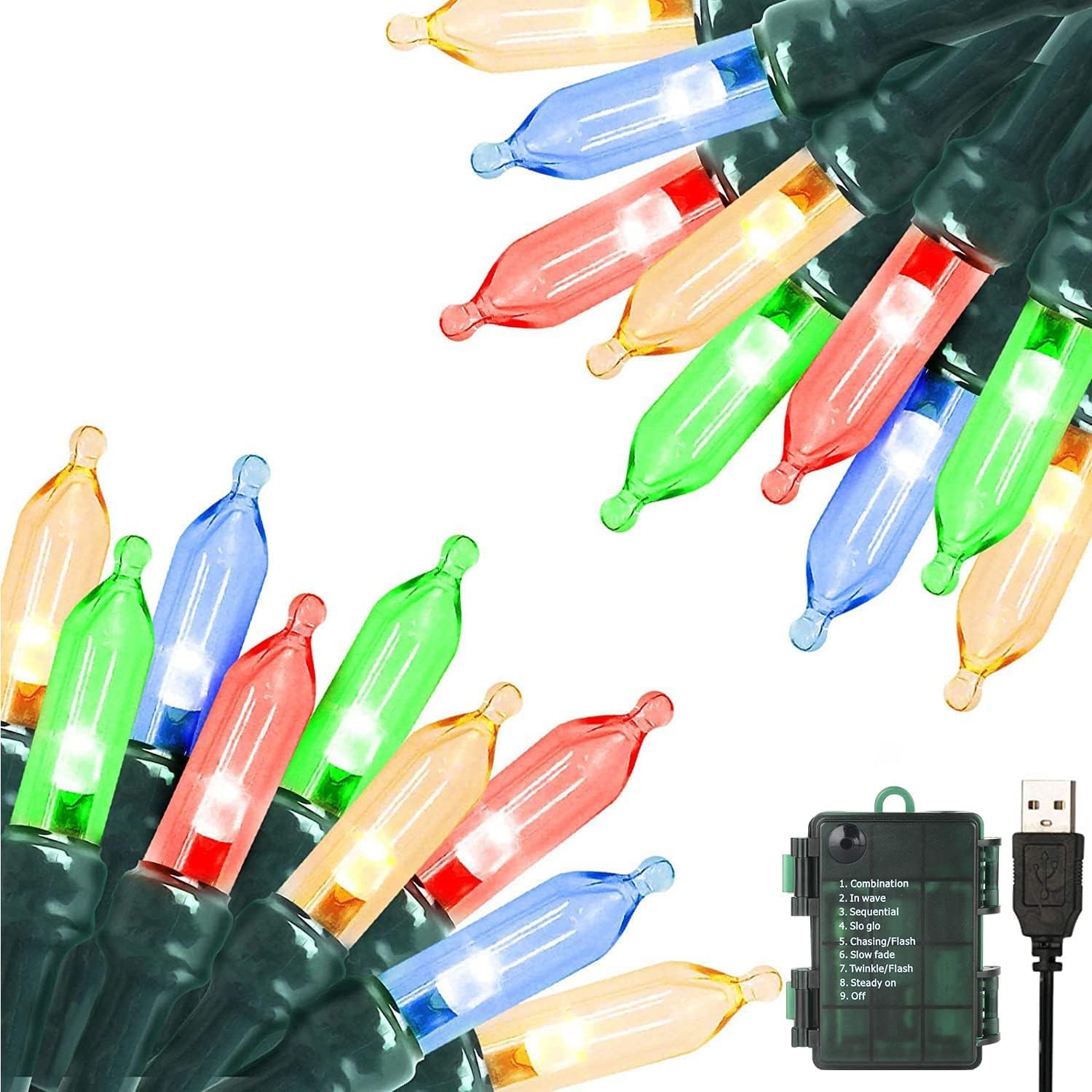Guirnalda de luces de Navidad de 33 pies con 100 luces LED y función de memoria de temporizador, a baterías o USB, resistente al agua, para decoración de interiores y exteriores (multicolor)