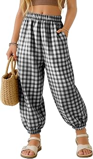 Langyiwee Girls Gingham Checkered Harem Pants - Wide Leg Loose Plaid Jogger Sweatpants for Kids 5-14