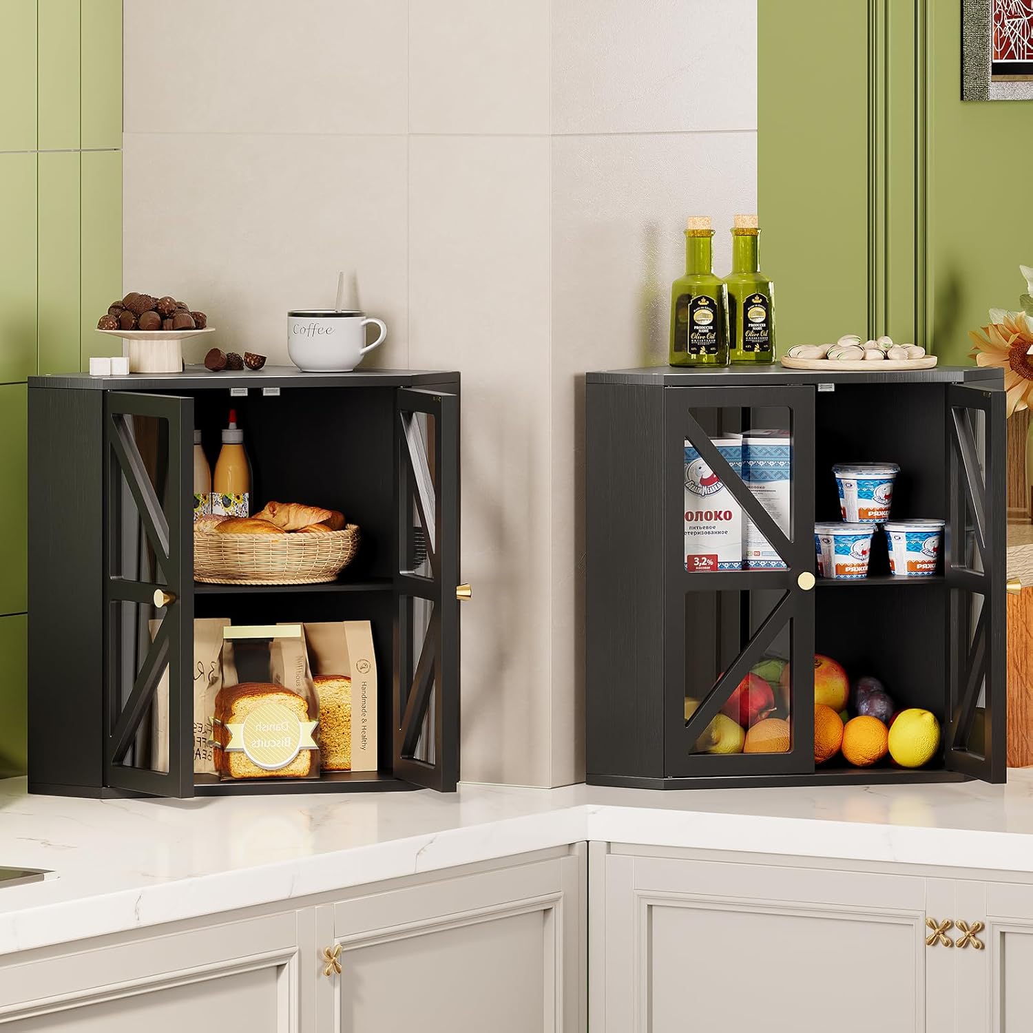 Corner Bread Box for Kitchen Countertop Bamboo Bread Storage Cabinet with X-Pattern Acrylic Doors Transparent Bread Keeper Organizer (Black)