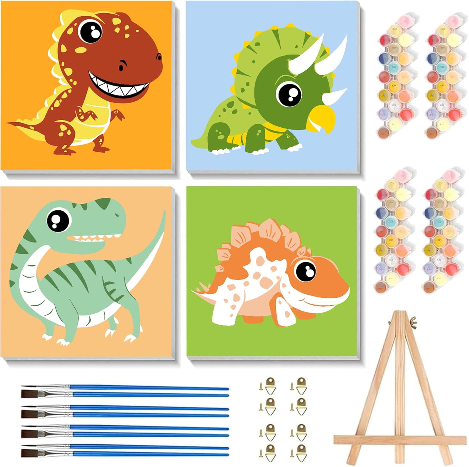 ajepon 4 Pack Paint by Numbers Kit for Kids with Frame - Dinosaur Paint by Number for Kids, Dinosaurs Kid Painting by Number Kits Age 5-8, DIY Acrylic Oil Painting Kits for Home Wall Decor (8X8inch)