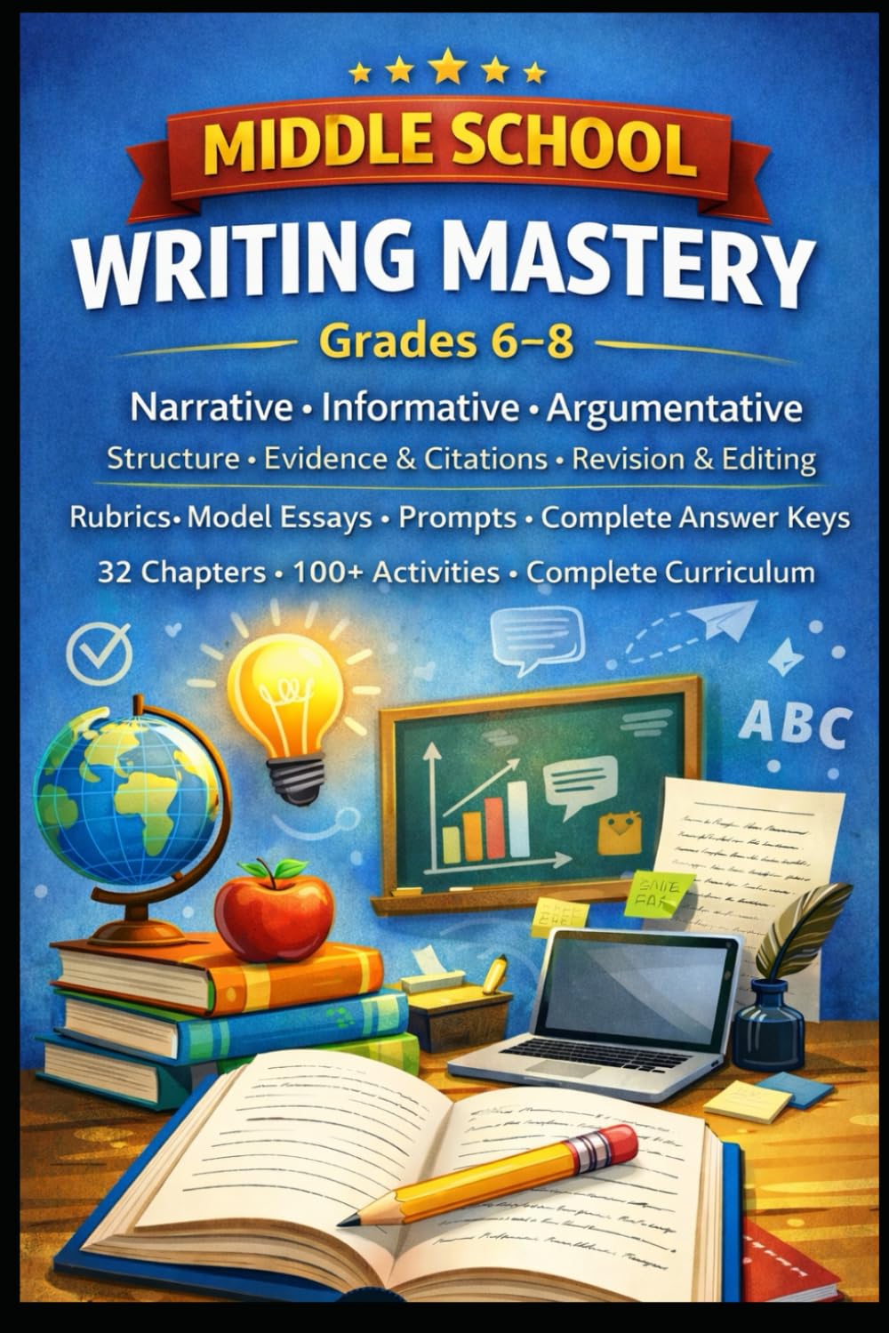 MIDDLE SCHOOL WRITING MASTERY Grades 6–8 * Narrative • Informative • Argumentative: Structure • Evidence & Citations • Revision & Editing Rubrics • Model Essays • Prompts • Complete Answer Keys      Paperback – February 16, 2026