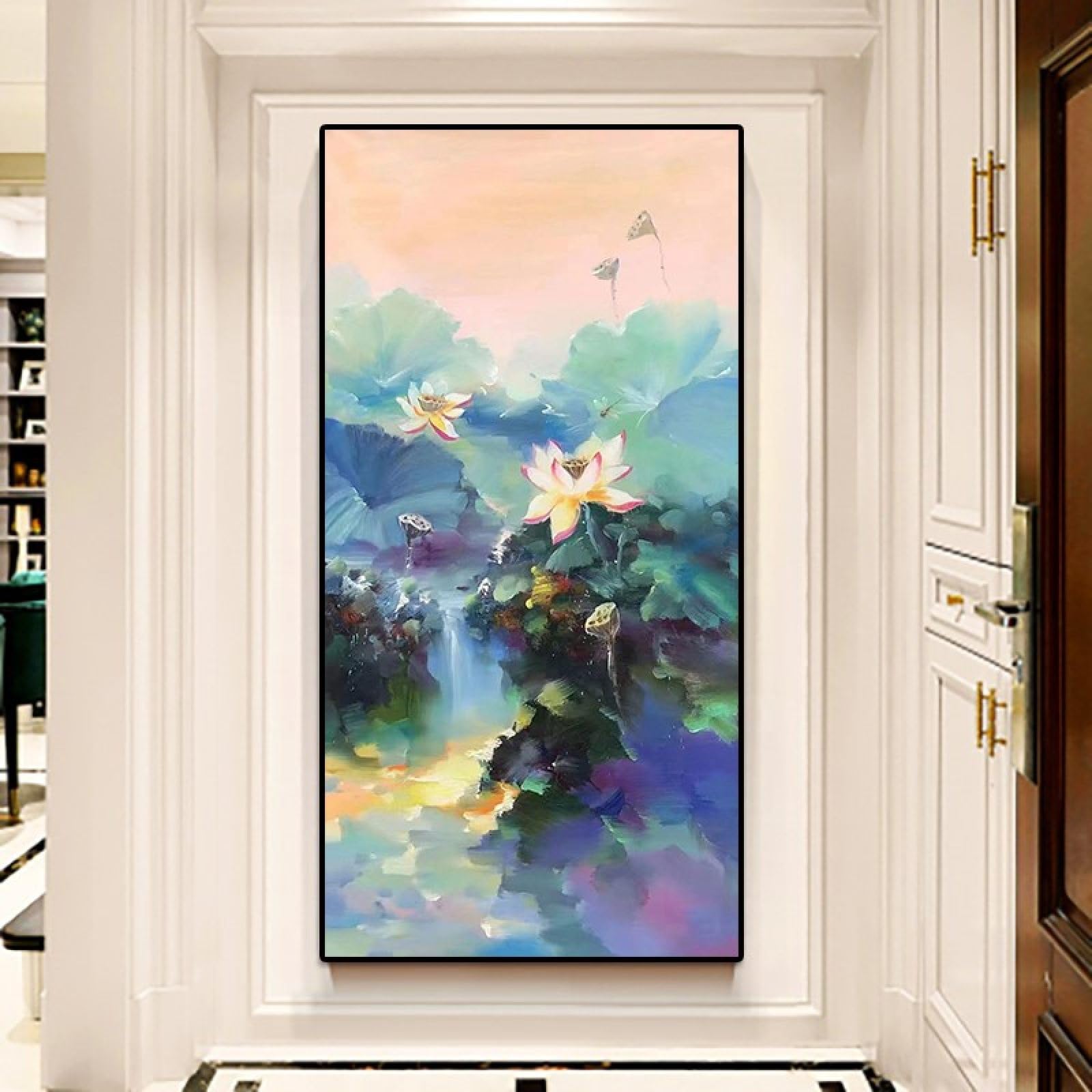 Peinture murale lotus grand format tableau chinois moderne salon décoration huile sur toile