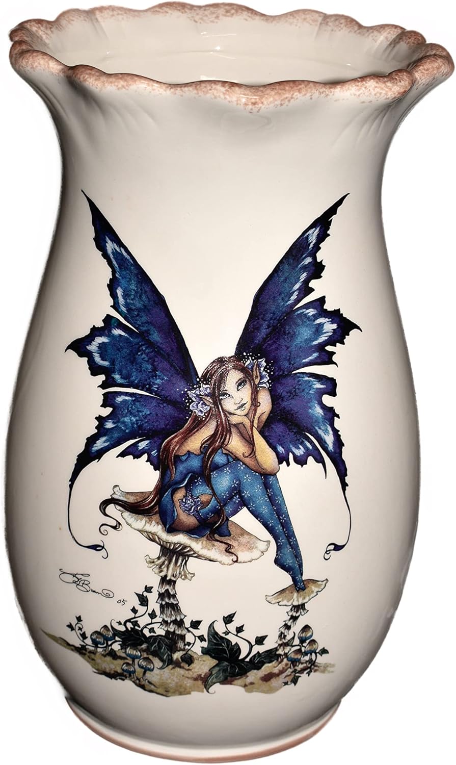 12" Beautiful Fairy Sitting on a Mushroom Amy Brown Design Collectible Potbelly Shaped x-Large Flower Vase