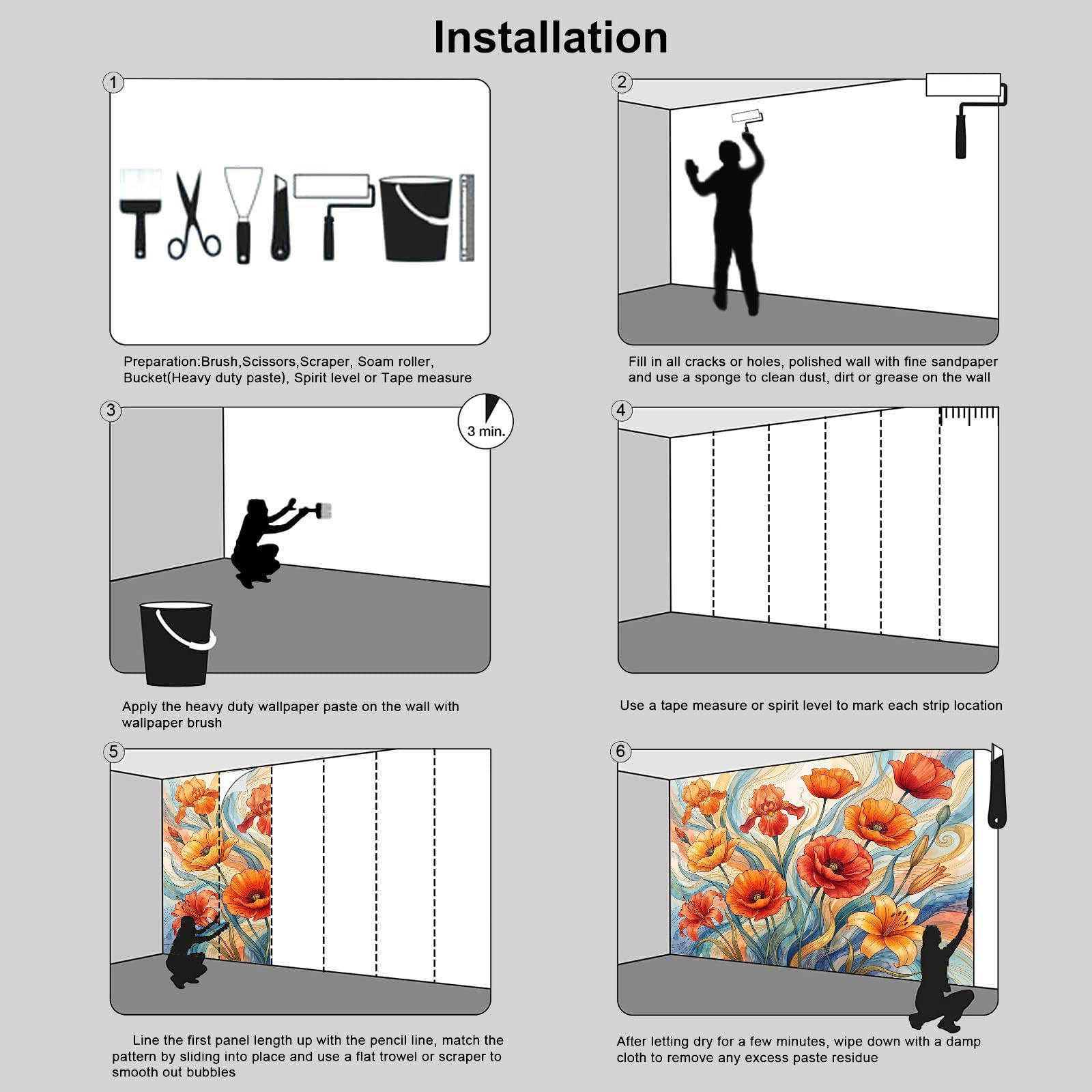 Carta da parati fotografica Fiori boemi Murale stile Linee astratte di fiori di papavero | 300x210cm (LxA) Poster grande per soggiorno camera da letto sfondo TV parete decorazione casa