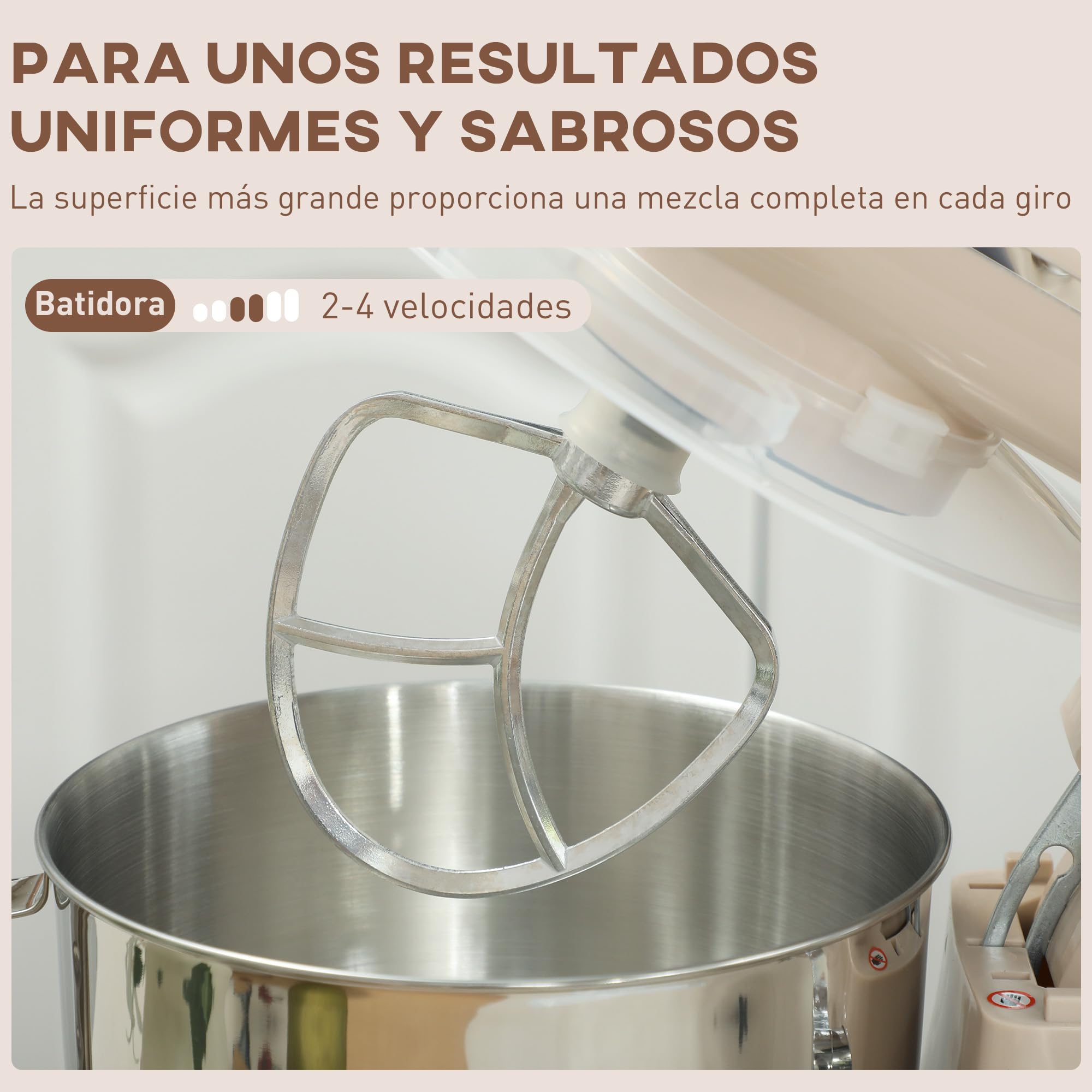HOMCOM Batidora Amasadora 4,5L, Amasadora de Pan 1300W, Amasadora Repostería, 6 Velocidades, Bol de Acero Inoxidable, Batidor, Gancho, Varilla, Protector contra Salpicaduras, Beige
