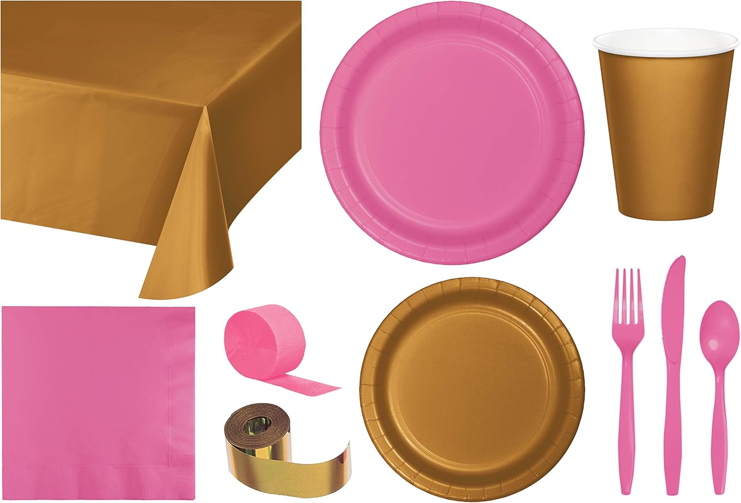 Baxters Party Bundle Bulk, Tableware for 24 People Gold and Candy Pink, 2 Size Plates Napkins, Paper Cups Tablecovers and Cutlery, Box of 199