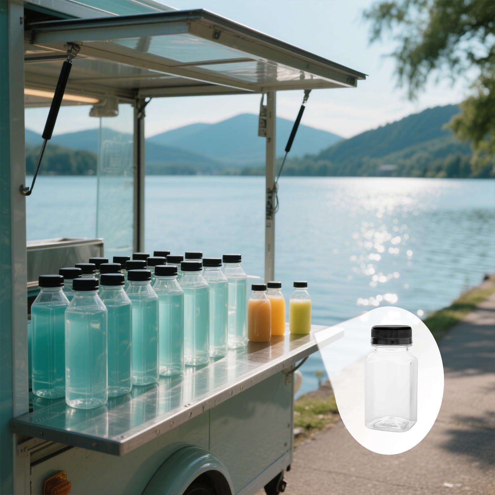 FUNSUEI 20 bottiglie di succo da 150 ml, con coperchio a chiusura ermetica, 9,32 x 4,65 cm, in plastica, vuote, per succhi di frutta, contenitori per succhi di frutta, per latte, succhi e altre