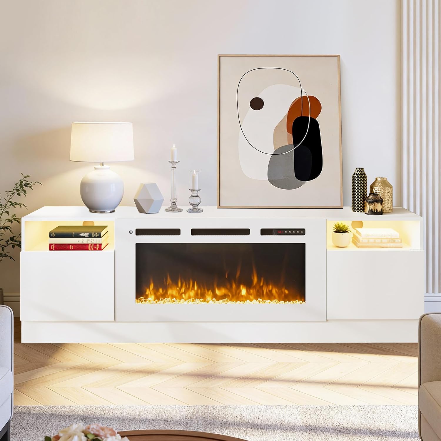 MXV Fireplace TV Stand with 36'' Electric Fireplace Up to 80" TVs, LED Light Entertainment Center, Modern Wood Texture Entertainment Stand with Highlight Storage Cabinet, White-White