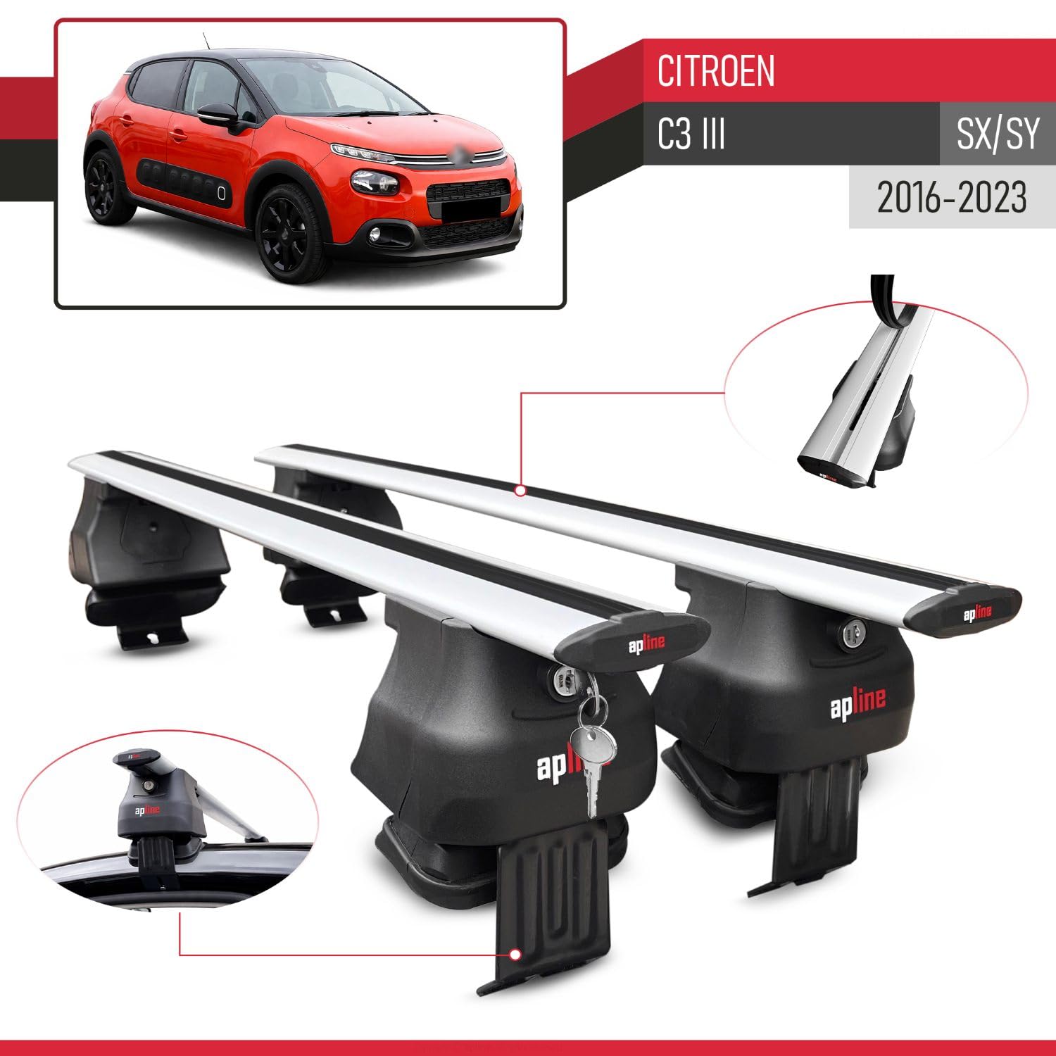 Pasuje do Citroen C3 III (SX/SY) 2016-2023 ACE-4 relingi dachowe bagażnik samochodowy, szary, aluminium, 2 pręty