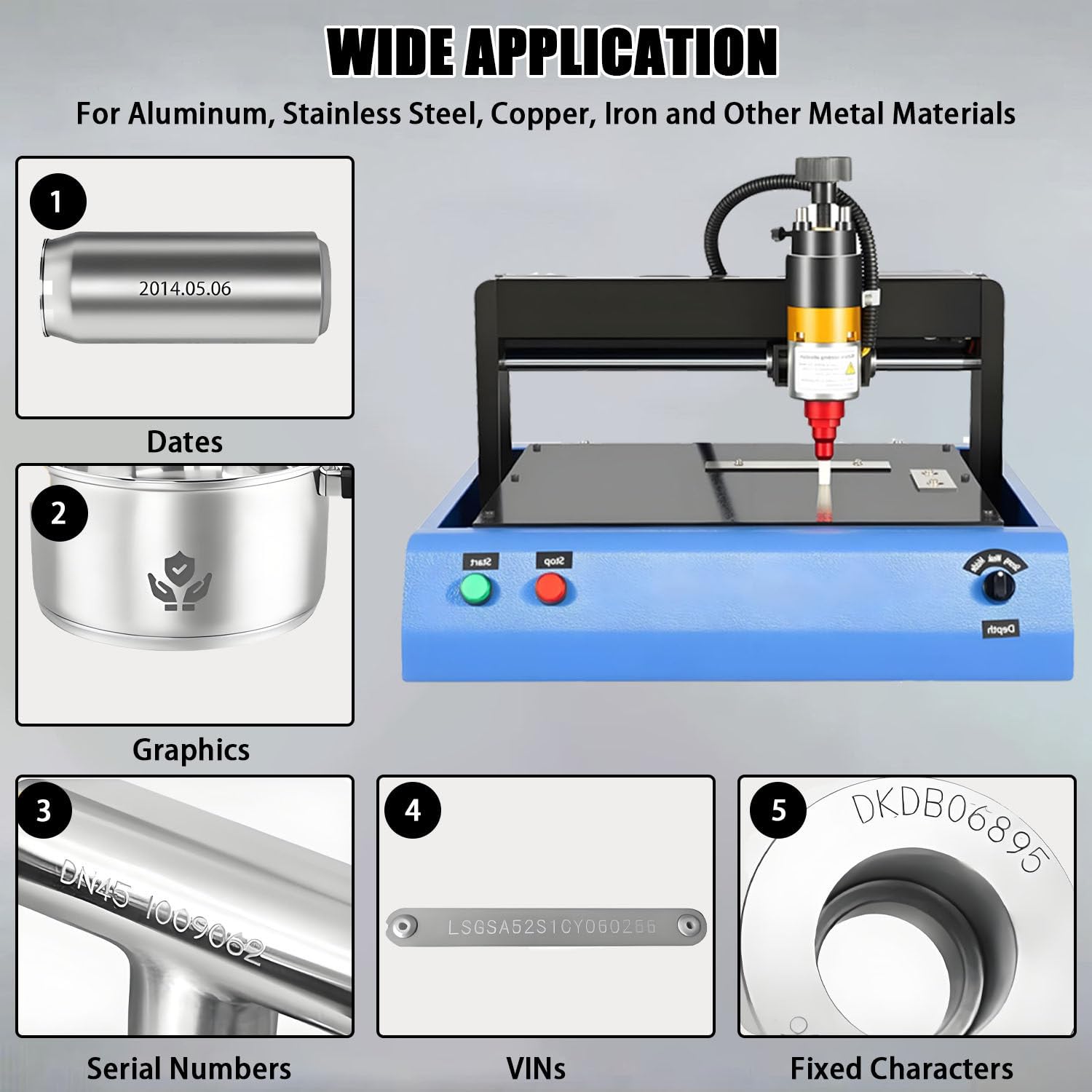 Máquina de grabado de metal de alta potencia, máquina de marcado eléctrico para aluminio, hierro, cobre, área de trabajo de 200 x 150 mm, profundidad de marcado de 0,05 a 1 mm, velocidad de 2 pulgadas