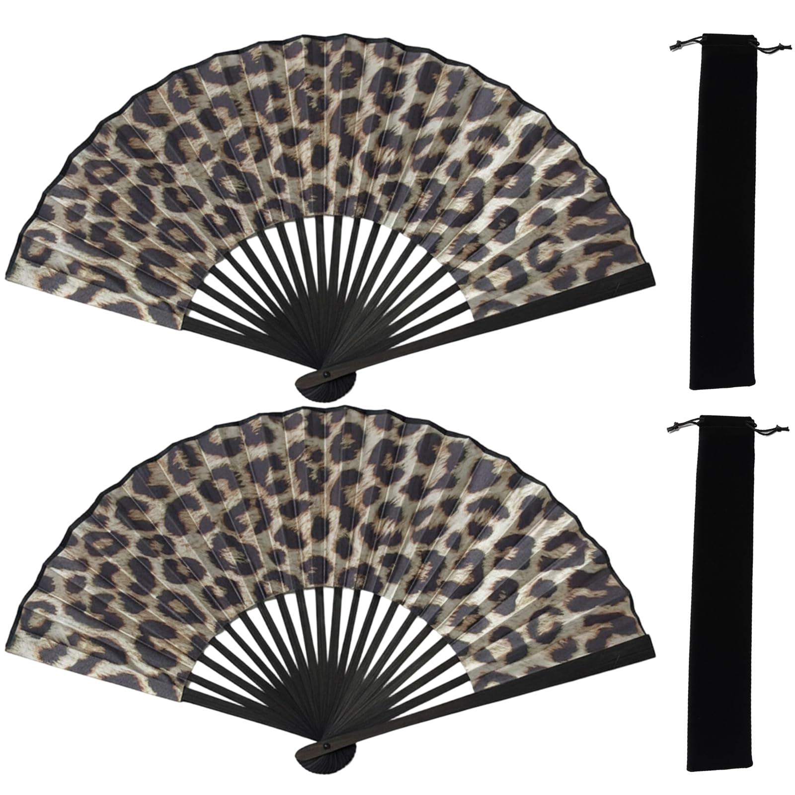 GYTFOG 2 Pack Leopard Print Paper Fans with Bags,Large Rave Fan for Line Dance, Portable Folding Fan for Wedding, Preference, Performance, Dancing, Home Decoration