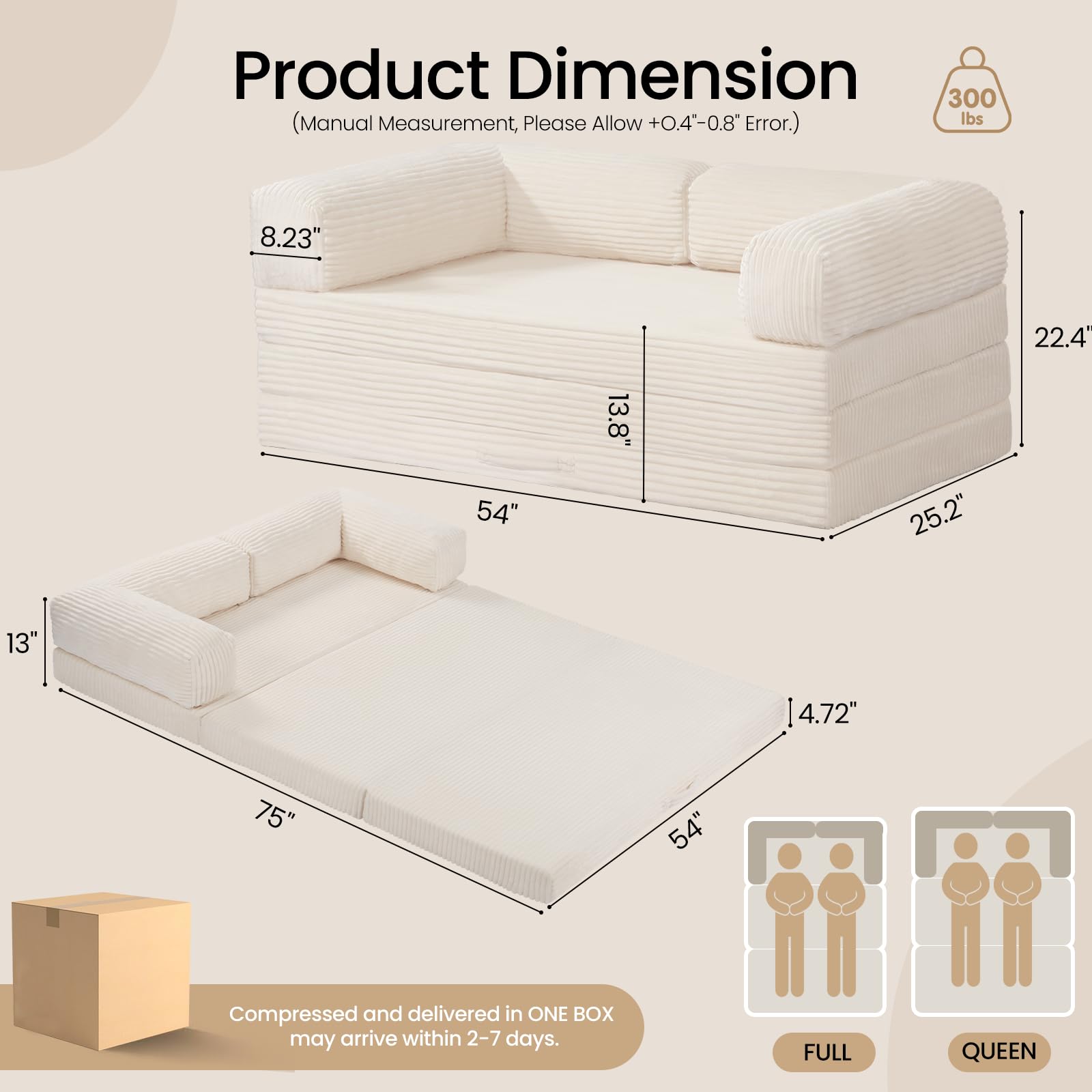 Tri-Fold Foldable Mattress, Convertible Folding Sofa Bed with Removable Arms & Washable Cover, All-in-One Portable Mattress Floor Sofa Bed, No Assembly Required & Non-Slip, Full Size, Beige