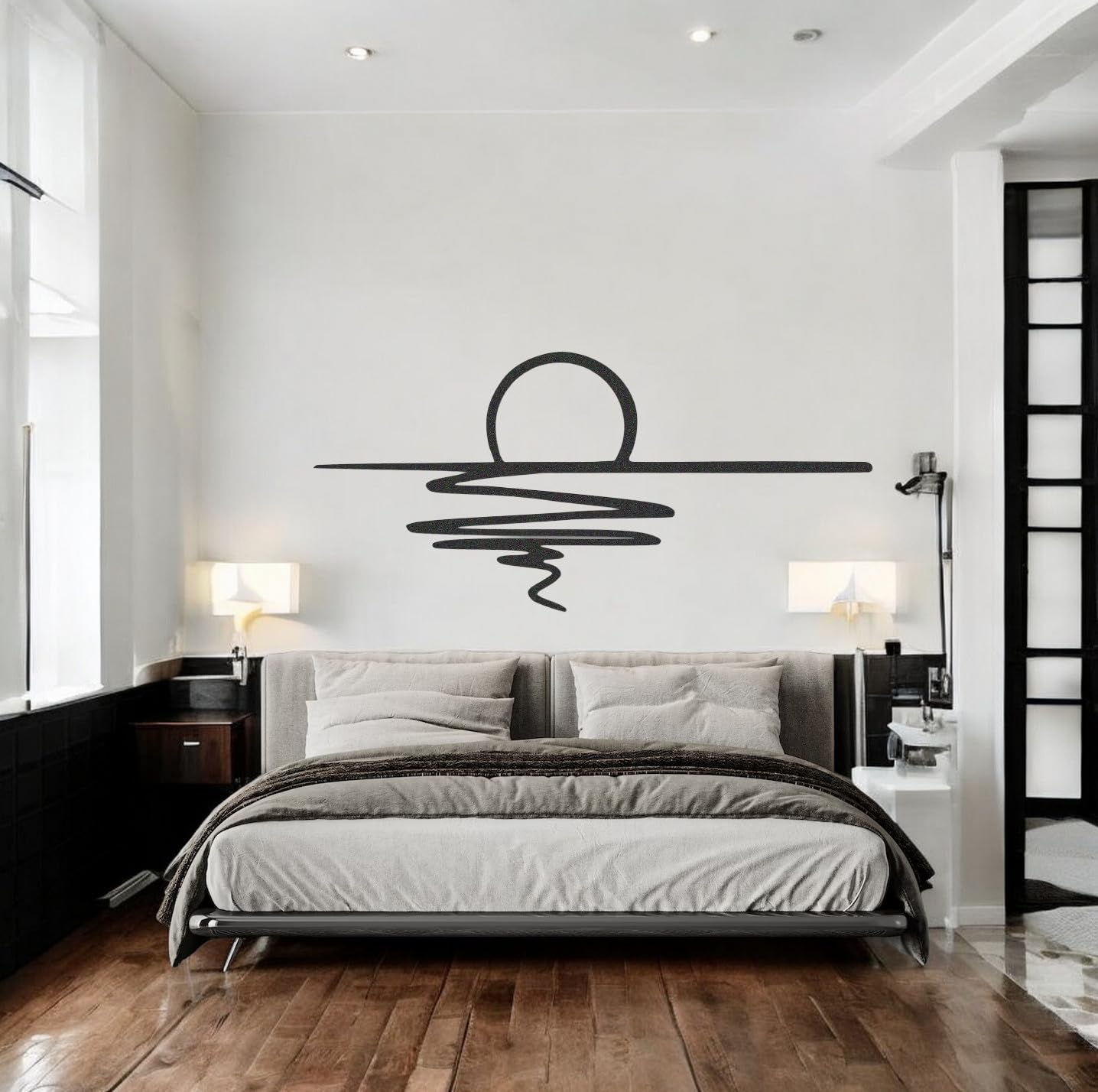 Tubibu Decoración de pared de metal, decoración de pared con brillo de sol, arte de líneas minimalistas negras, colgante de pared para sala de estar, dormitorio, regalo de inauguración de la casa al