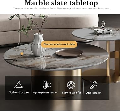 Modern Round Nesting Coffee Table with Marble Top,mid-Century Marble Coffee Table Set of 2,Luxury Center Table for Living Room,end Table Side Table with Gold Metal Base for Reception Room