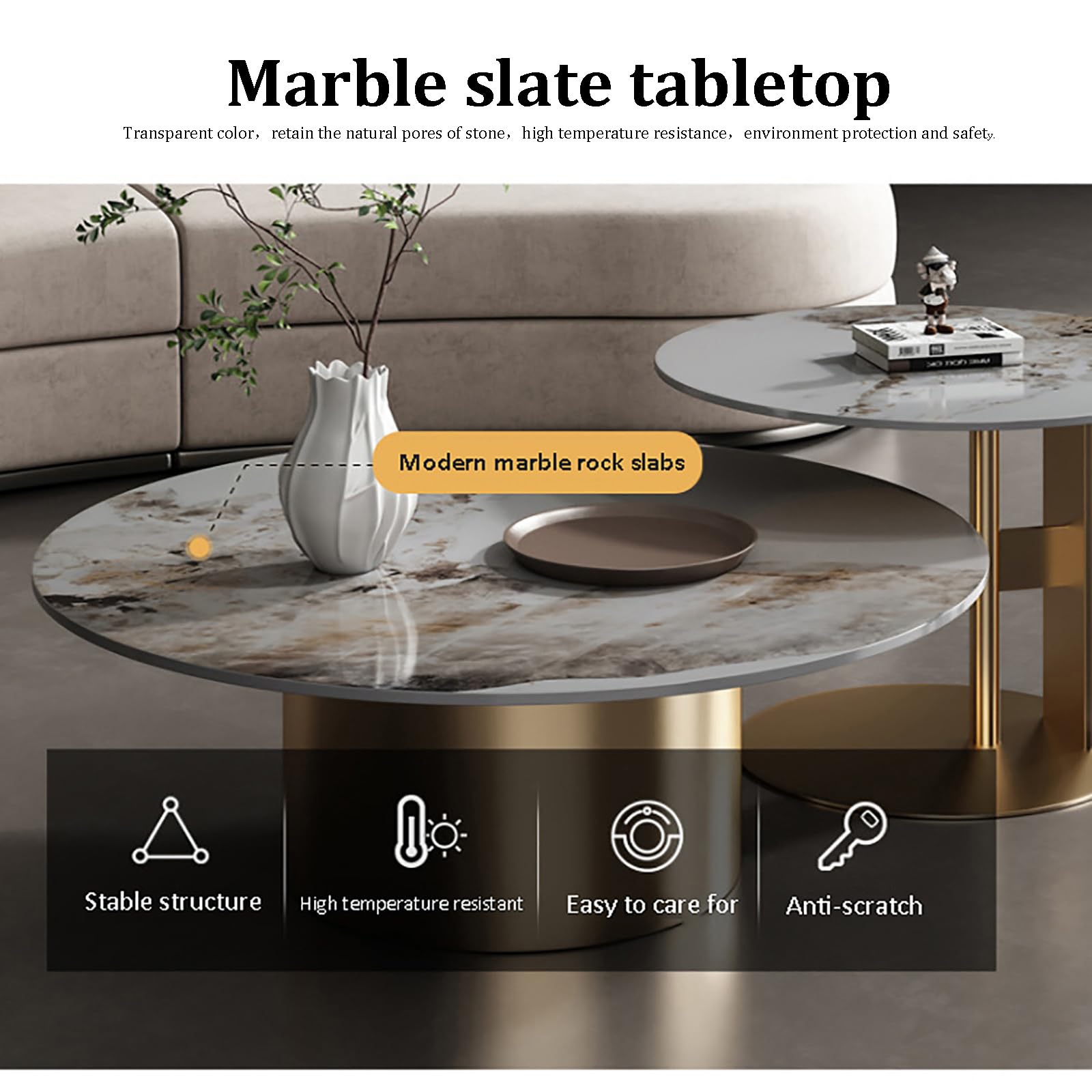 Nowoczesny marmurowy stolik kawowy, zestaw 2 okrągłych stołów z połowy wieku do salonu, stylowe stoliki końcowe z metalową podstawą, elegancki stolik centralny do recepcji