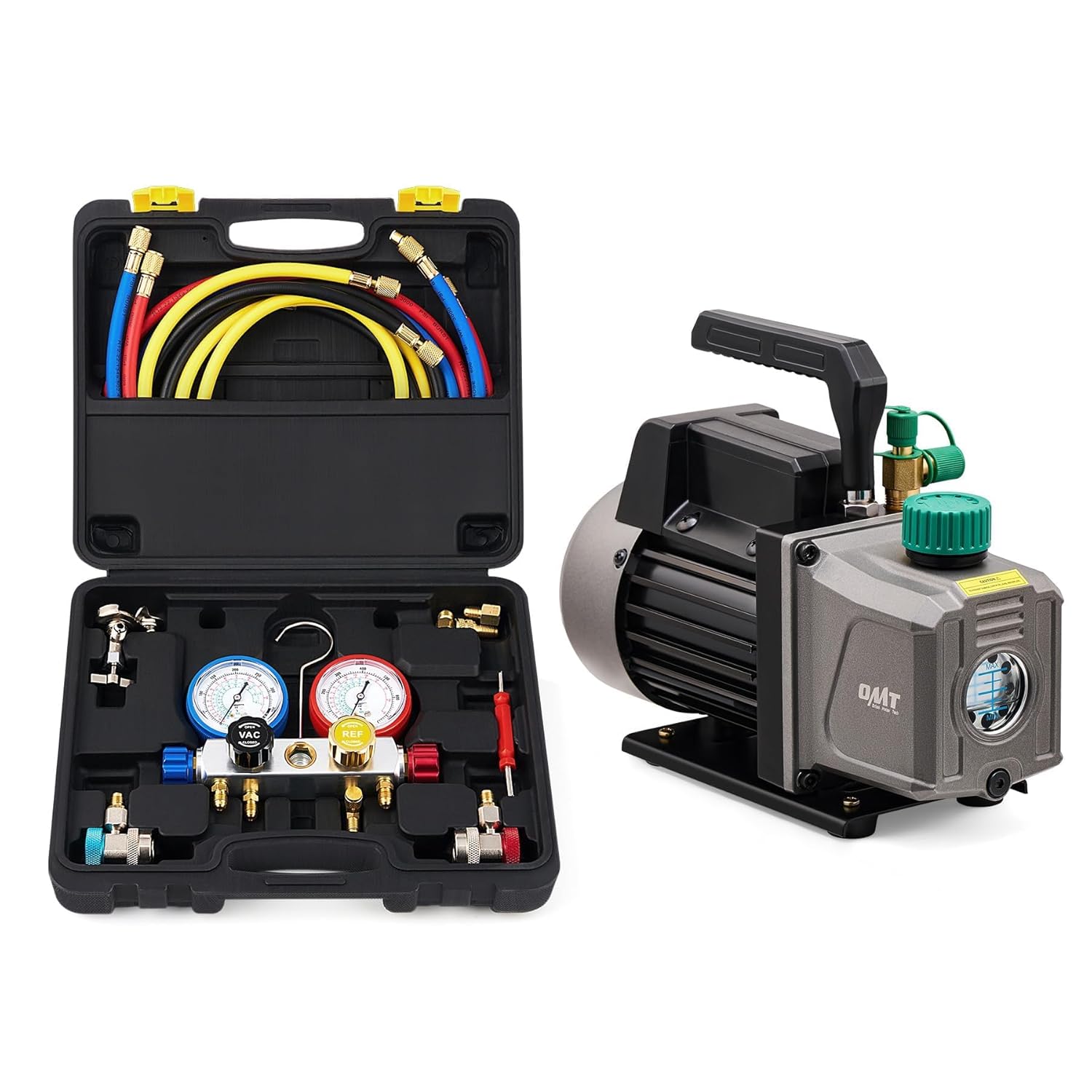 Orion Motor Tech 4 Way AC Diagnostic Manifold Gauge Set & AC Vacuum Pump and Gauge Set, Bundle