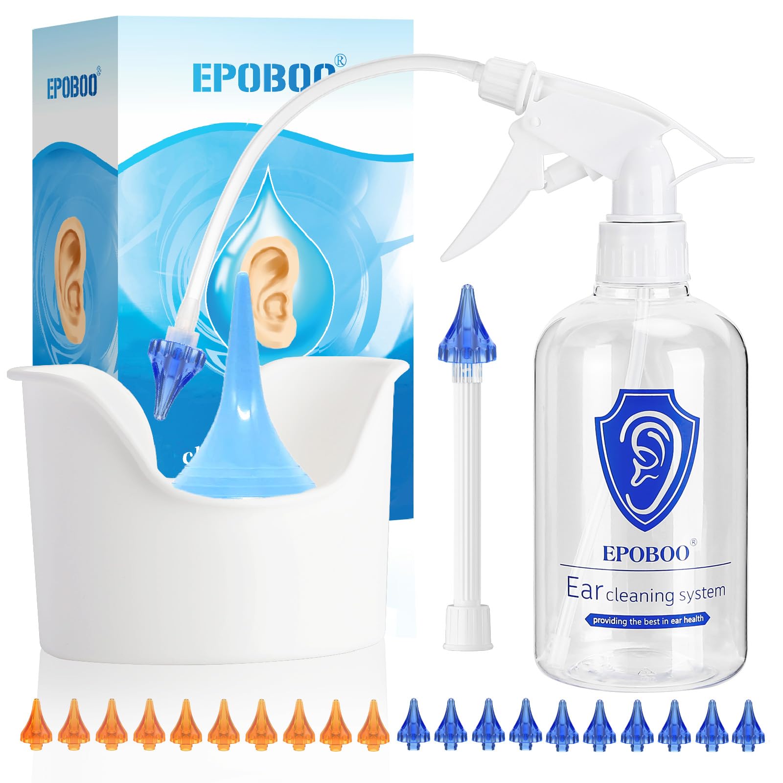 EPOBOO Ear Wax Removal Kit, Ear Wash Kit Includes Ear Bottle, Ear Basin & 20 Reusable Tips- Safe, Effective & Simple to Use Ear Flush Kit, w/Rigid Pipe & Soft Tube - for Personal Use or Family Use