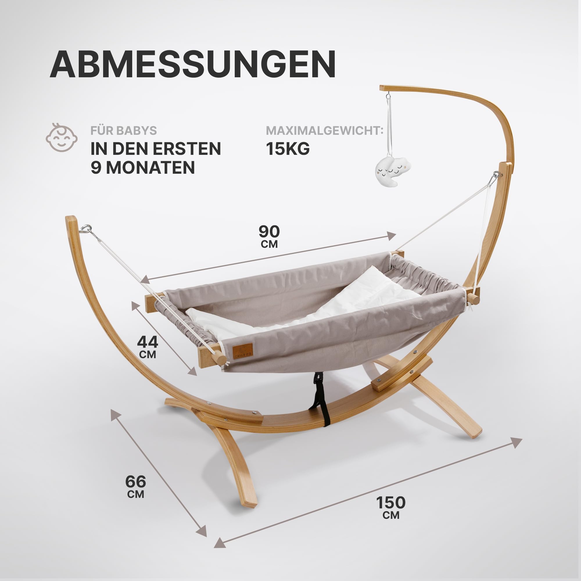Baby Hängematte [QuickFix-Schlaufe] Babywiege Babybett Federwiege mit Gestell Kinderschaukel Babywippe für Kinderzimmer, Esszimmer, Wohnzimmer | Grau
