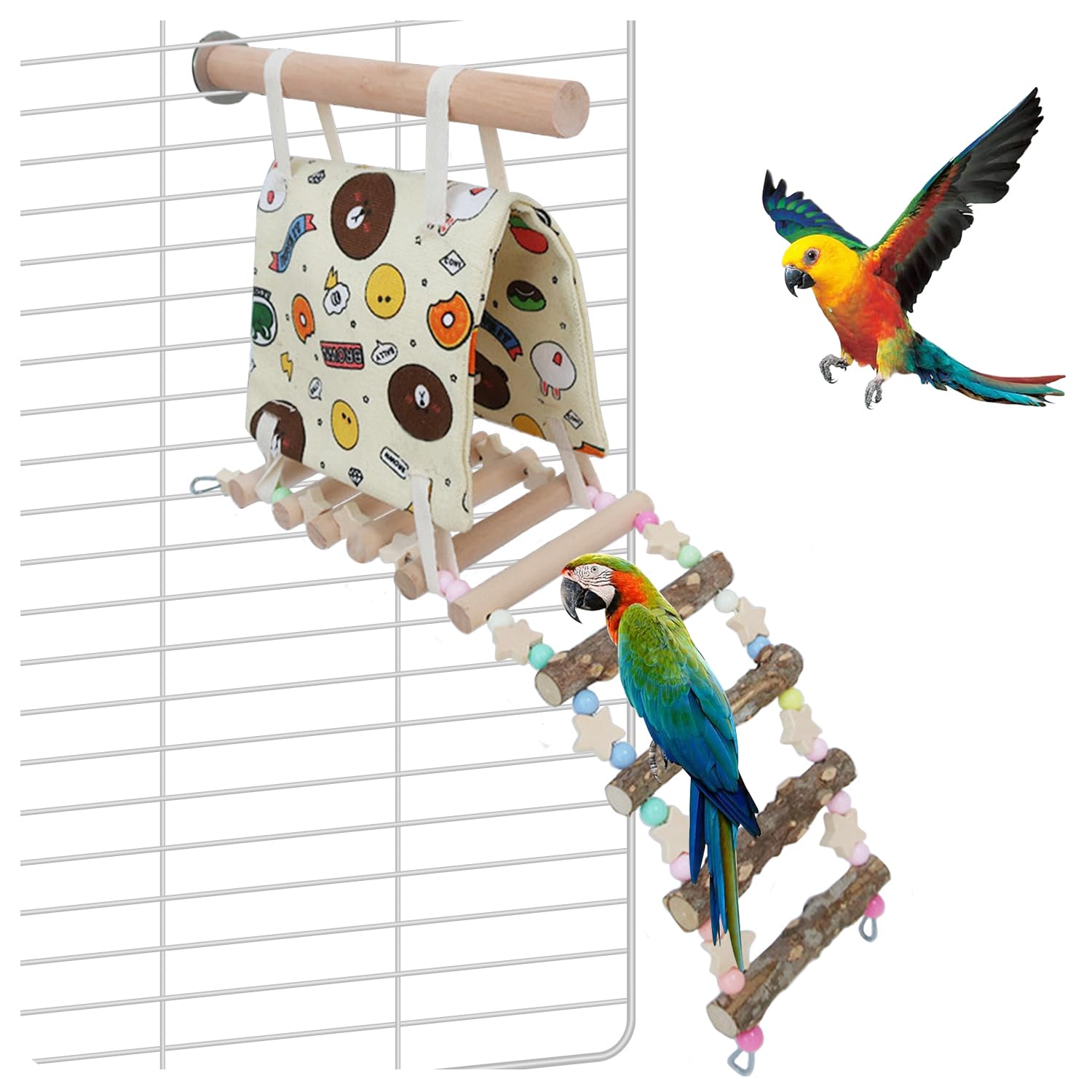 La La Pet® Hanging Bird Hammock with Wooden Ladder Parrot Bed Hammock Bird Cage Hammock Swing Parrot Sleep Tent Bird Nest House for Bird Cage Decor