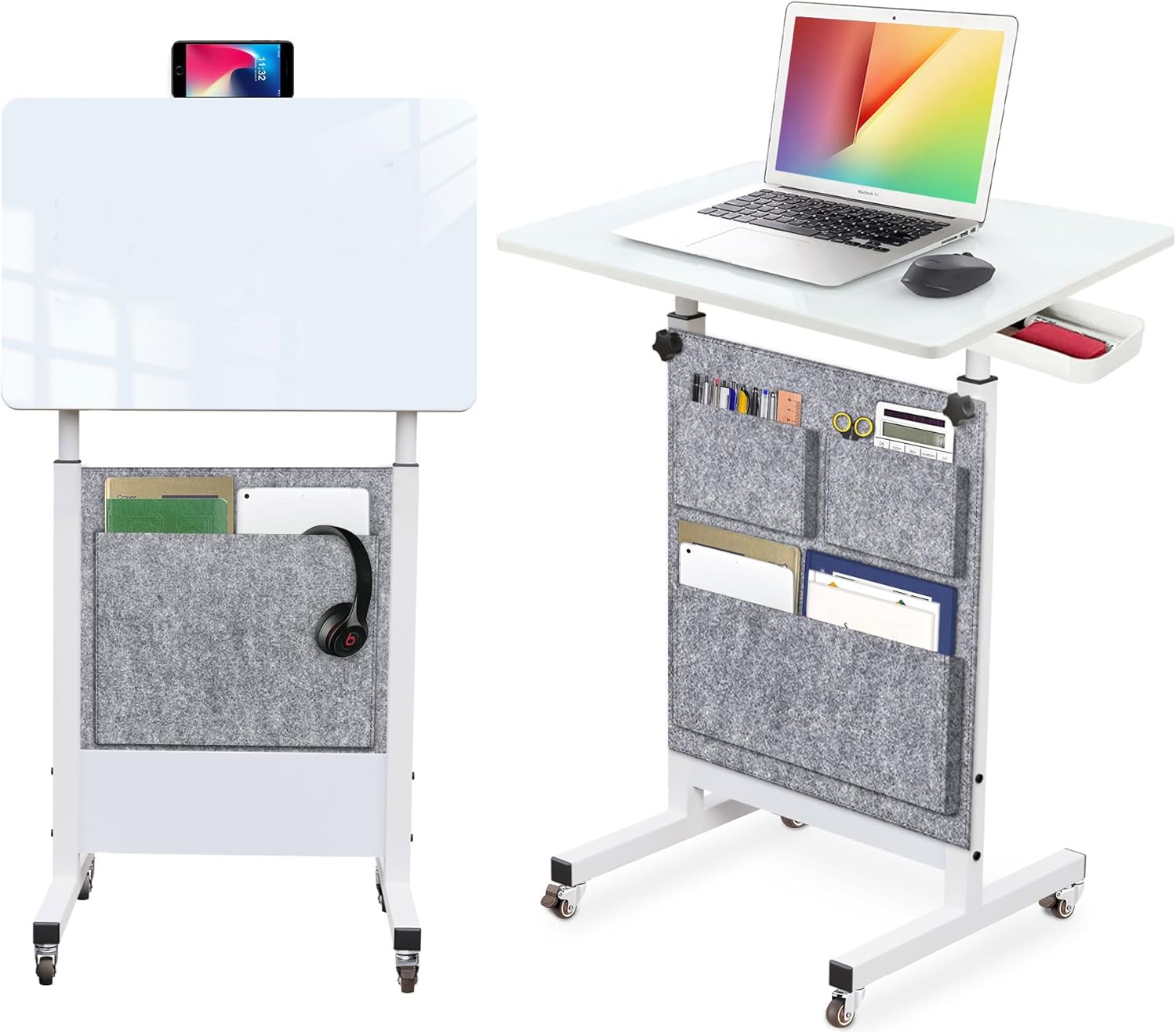 KOUPA Adjustable Height Standing Desk, Writable Tempered Glass Desktop with Eraser, 360° Flip, Wheels and Bag– Ideal for Small Spaces and Home Offices, 24 in, White(Adjustable Height: 32-47 in) 16x24 IN White With Bag