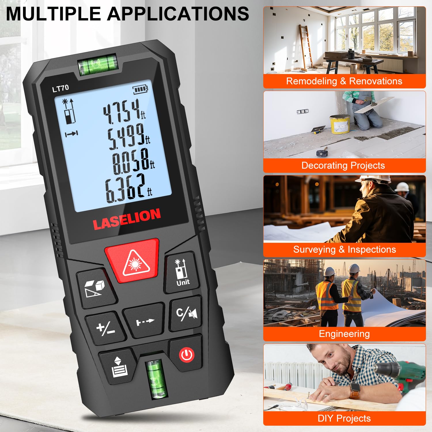 Medidor Láser 70M, LASELION Láser Medidor Distancia con 2 Burbujas de Niveles, Alta Precisión,Telémetro Láser IP54 Herramienta de Medición Digital Portátil, Pantalla LCD Retroiluminada