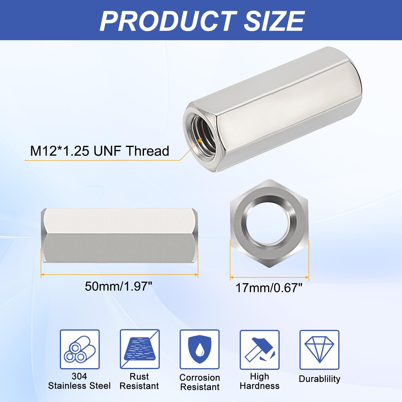 HiPicco Hex Coupling Nuts, M12 x 1.25-Pitch UNF 50mm/1.97" Length - Image 2