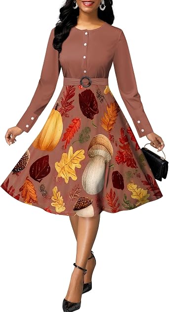 Long Sleeve Empire Waist Midi Dresses Elegant Button Down Crew Neck A Line Swing Dress for Women Business Sundress