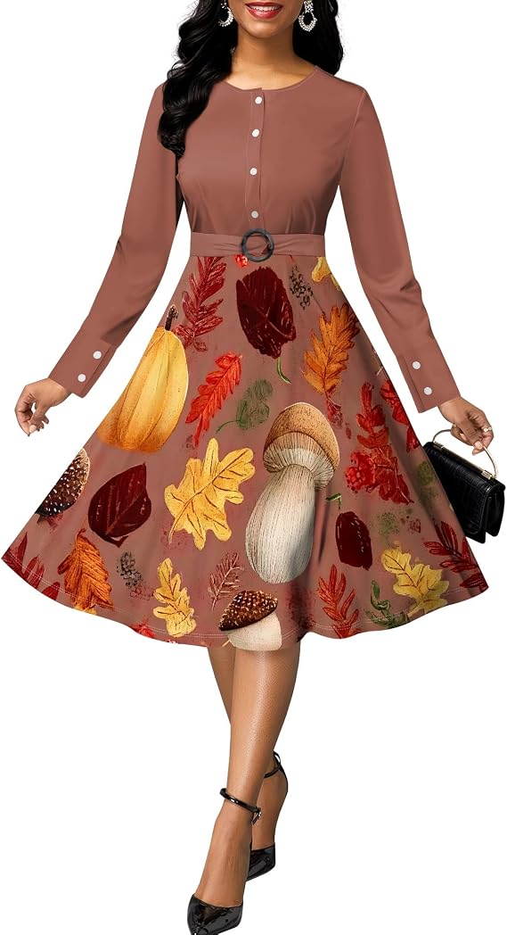 Long Sleeve Empire Waist Midi Dresses Elegant Button Down Crew Neck A Line Swing Dress for Women Business Sundress