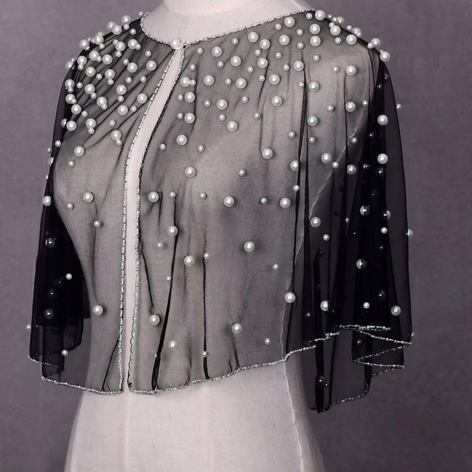 Châle de soirée doux pour femme, cape en tulle doux ornée de perles et de strass, écharpe de mariée en tulle doux, châle de soirée, étole de mariage, noir