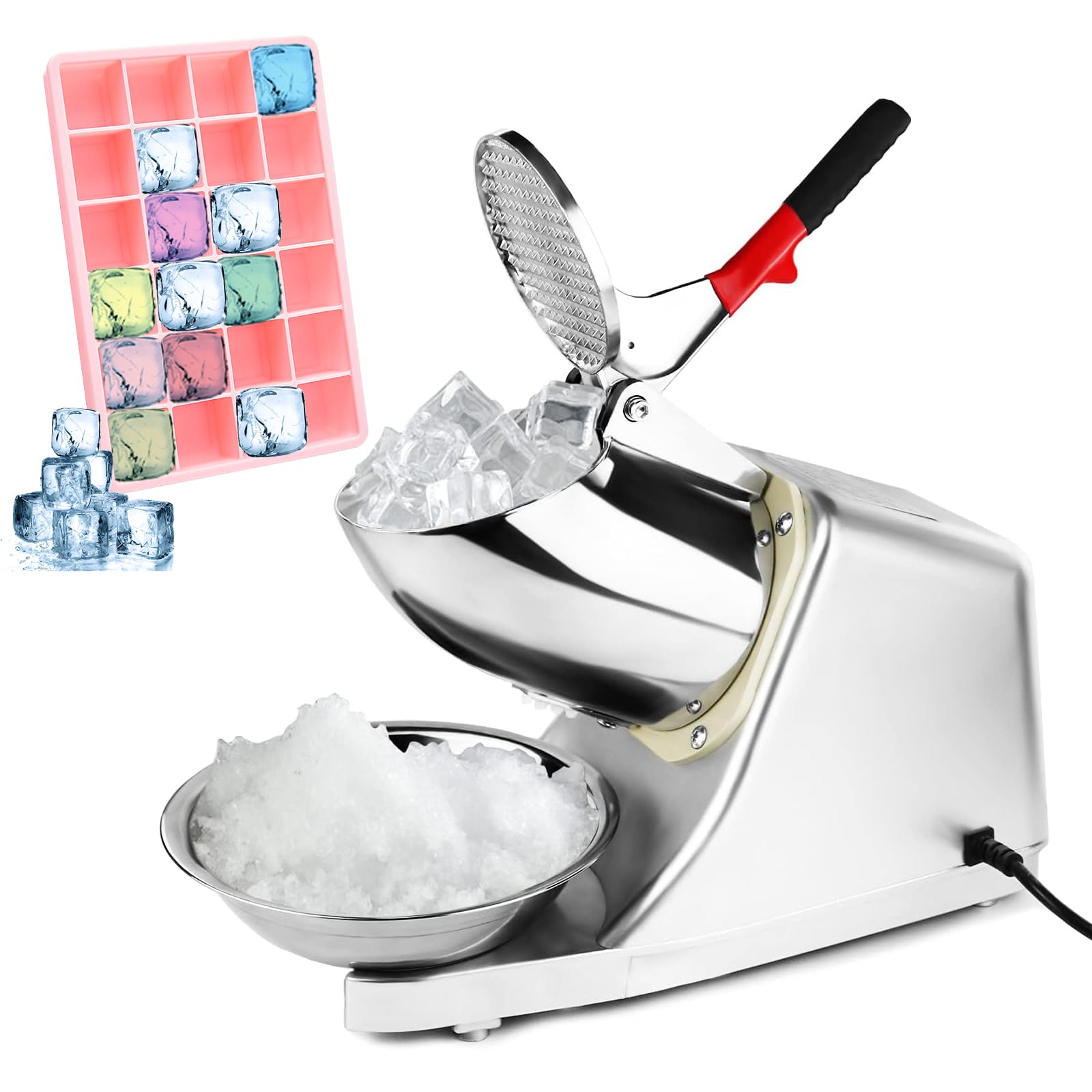 Elektrischer Eiszerkleinerer, 300 W, 220 V-240 V, Edelstahl, mit Doppelmesser, Schnee-Cone-Maker für zerkleinertes Eis 80 kg/h, geeignet für Handel und Haushalt (Silber)