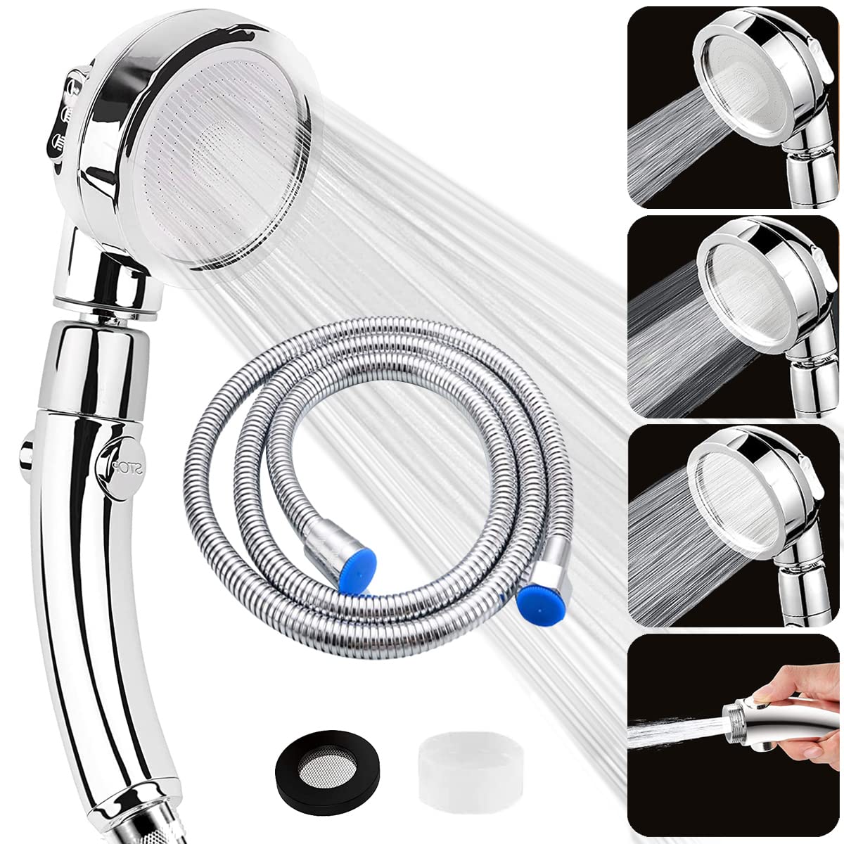 Shower Head and Hose 2m, High Pressure Shower Heads with Stop Button, Universal Handheld Shower with 3 Spray Modes, Water Saving Shower Head 360° Rotating for Adults Children Pets Home, Chrome