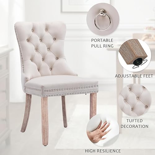 Miniatura 6 de Juego de 4 sillas de comedor tapizadas de terciopelo, sillas de cocina modernas de mediados de siglo con respaldo alto, ribete de cabeza de clavo y