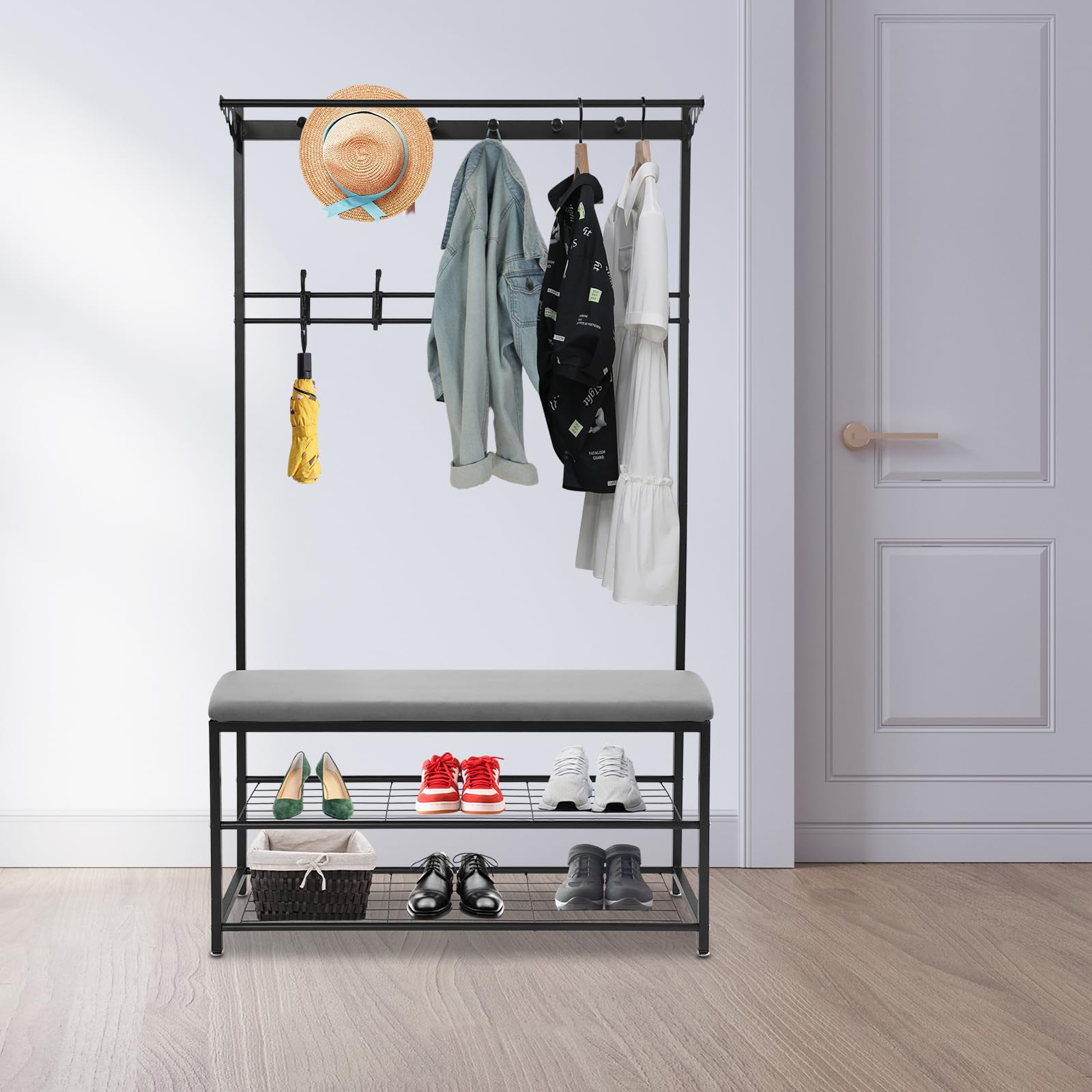 Perchero con zapatero, perchero de metal con 11 ganchos y zapatero, espacio de almacenamiento bajo el asiento, estantería para pasillo, salón, oficina, dormitorio, altura 170 cm