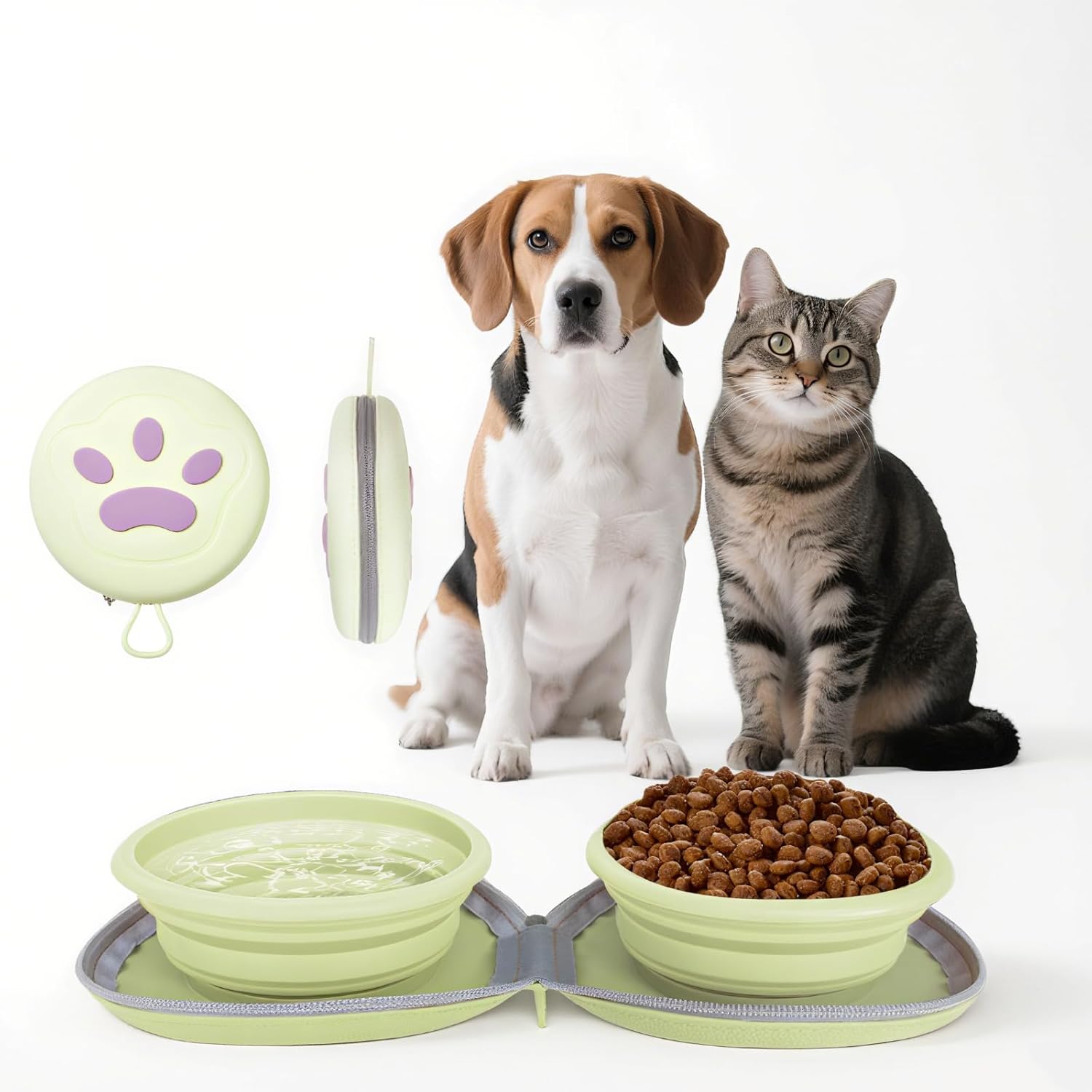 Collapsible 2-in-1 Canine Bowls: Leakproof Double Silicone Meals & Water Bowl for Journey, Tenting, Mountaineering – Moveable Cat & Canine Feeding Provides (Beige)