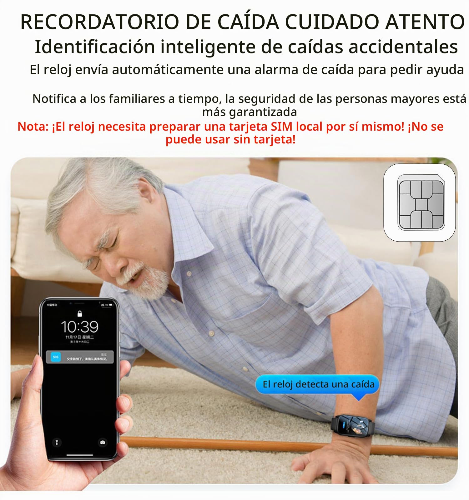 Pulseras GPS para Mayores, Reloj Localizador Personas Mayores, Reloj De Alarma Personal SOS con Detección De Alerta De Caída, Smartwatch Black 28.5 * 2CM
