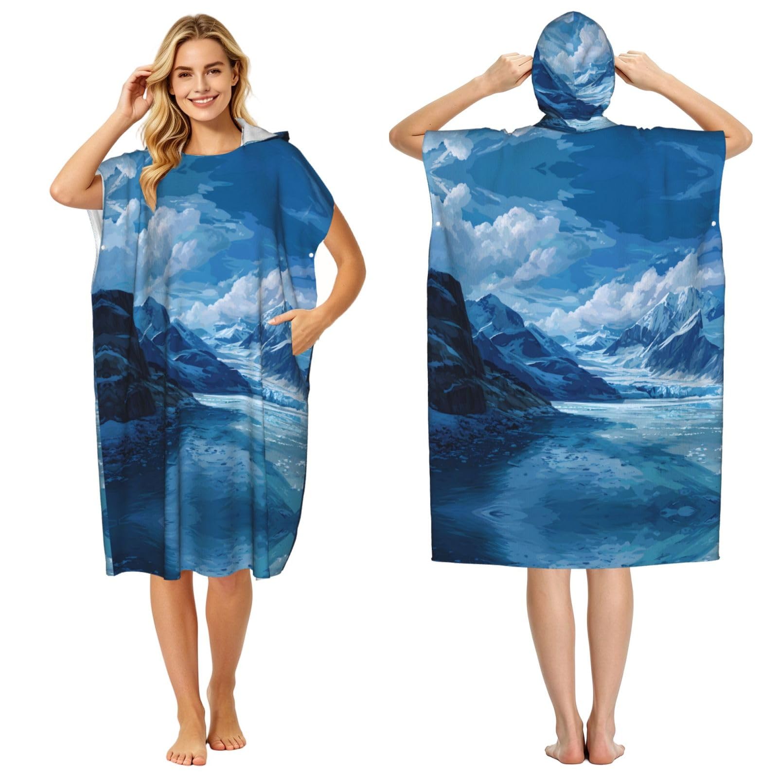 ESNAIUVCD Glacier Scenery Print Changing Robe, Hooded Towel Poncho For Swimming Pool, Beach,Quick Dry & Light Weight Towelling Poncho For Adults Women Men