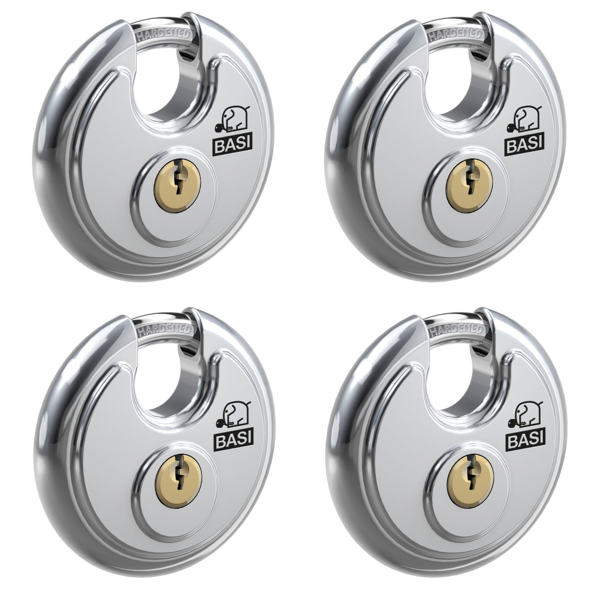 BASI Juego de 4 candados redondos | cuerpo de acero inoxidable macizo | cierre uniforme | protección para pubs | arco de acero endurecido | candado seguro | grosor del arco 9,5 mm | 4 unidades