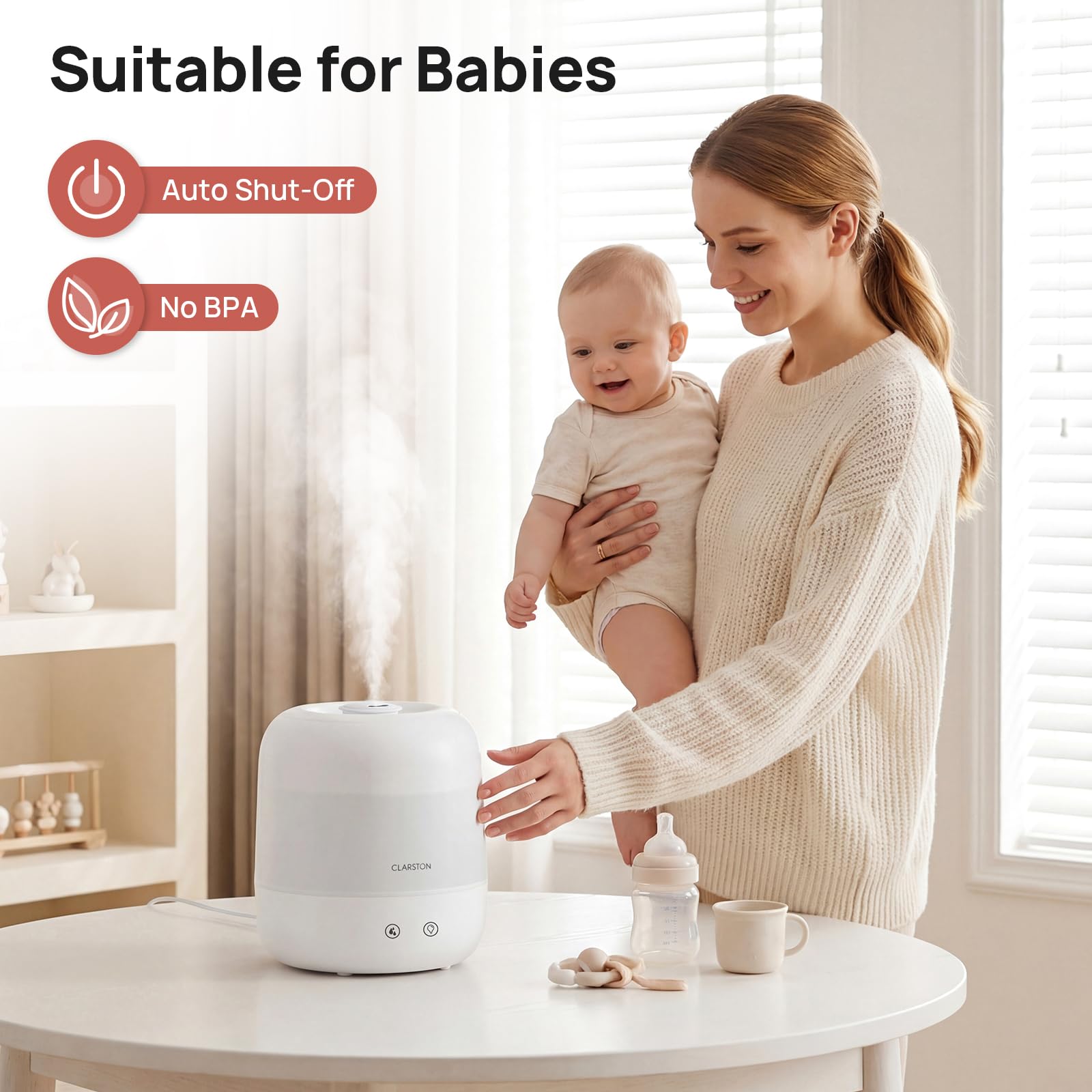 Clarston 2L Cool Mist Humidifier for Bedroom with 360° Adjustable Nozzle, High and Low Mist Levels, Ultra-Low Noise, Light-Off, No BPA, Auto Shut Off, Ideal Baby Humidifier with Easy Top Filling