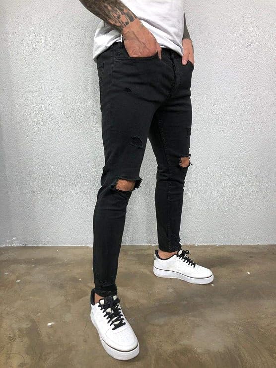 Ylingjun Mens Stretch Skinny Ripped Distressed Jeans