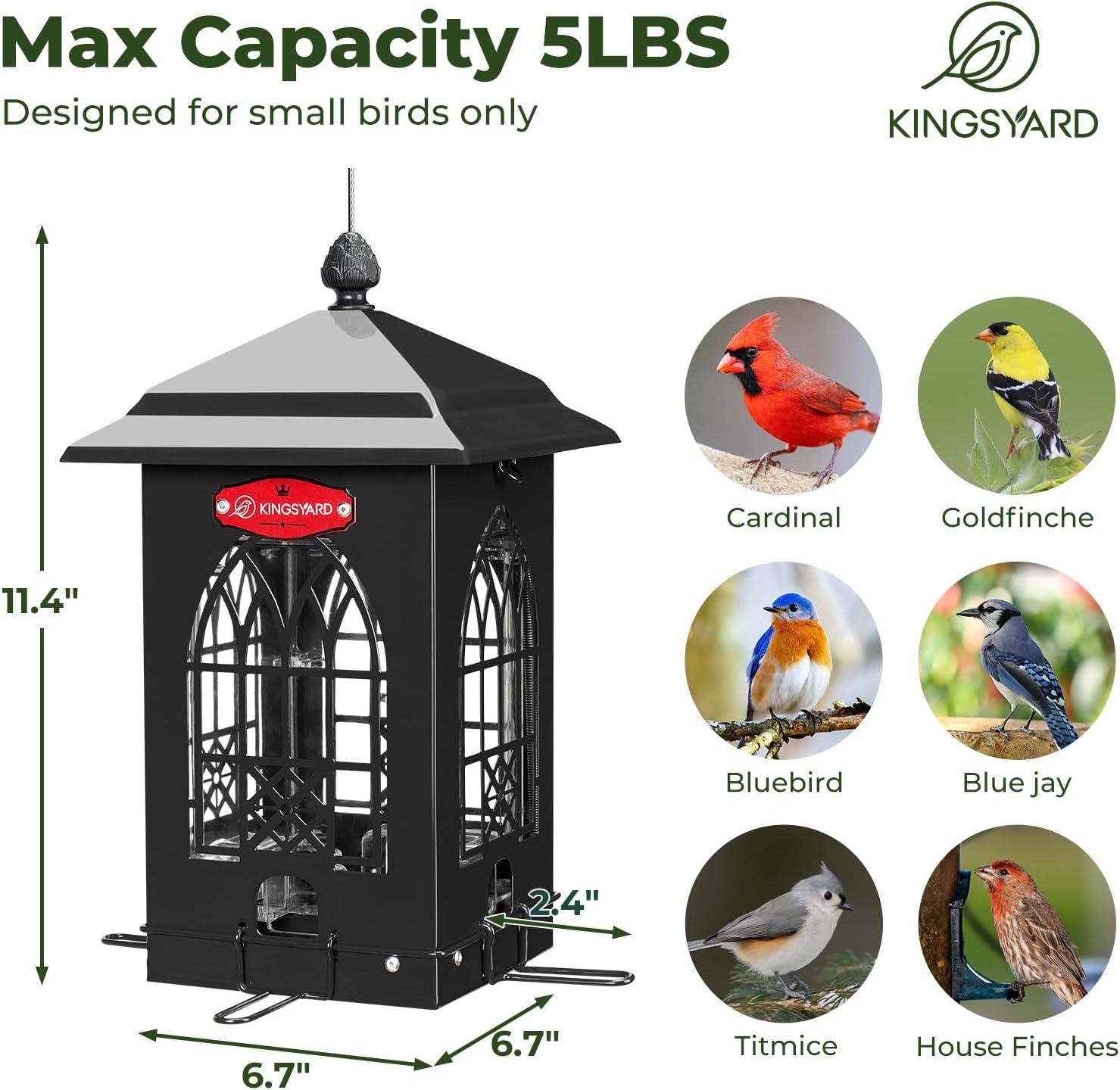 Kingsyard Squirrel Proof Bird Feeders for Outdoors with Weight-Activated Perches, 5 Lbs Capacity Large Metal Bird Feeder House for Small Wildbirds Cardinal Finch Bluebird, Weatherproof, Sequin Black
